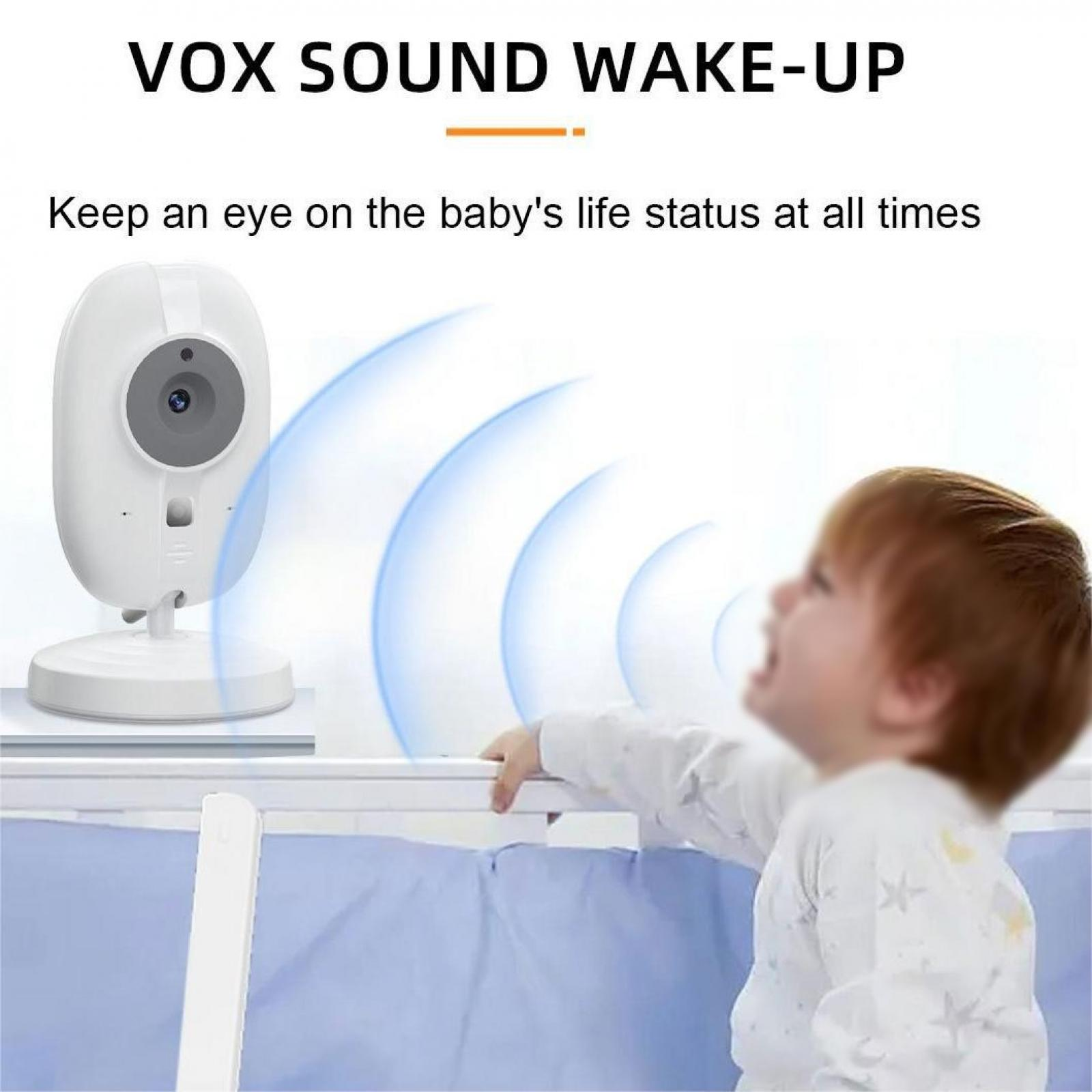 Ein weißer Babyphone, ein Baby in einem Kinderbett und Schallwellen. Der Text lautet 'VOX SOUND WAKE-UP'.