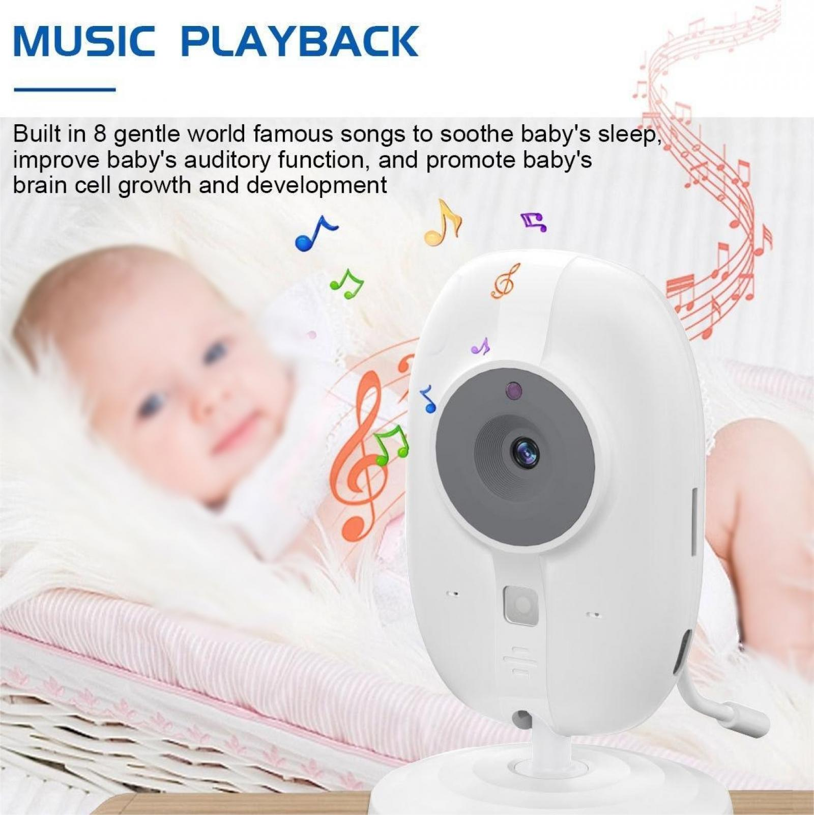 Ein Babyphone mit Kamera, Noten und einem Baby im Hintergrund. Der Monitor ist weiß.