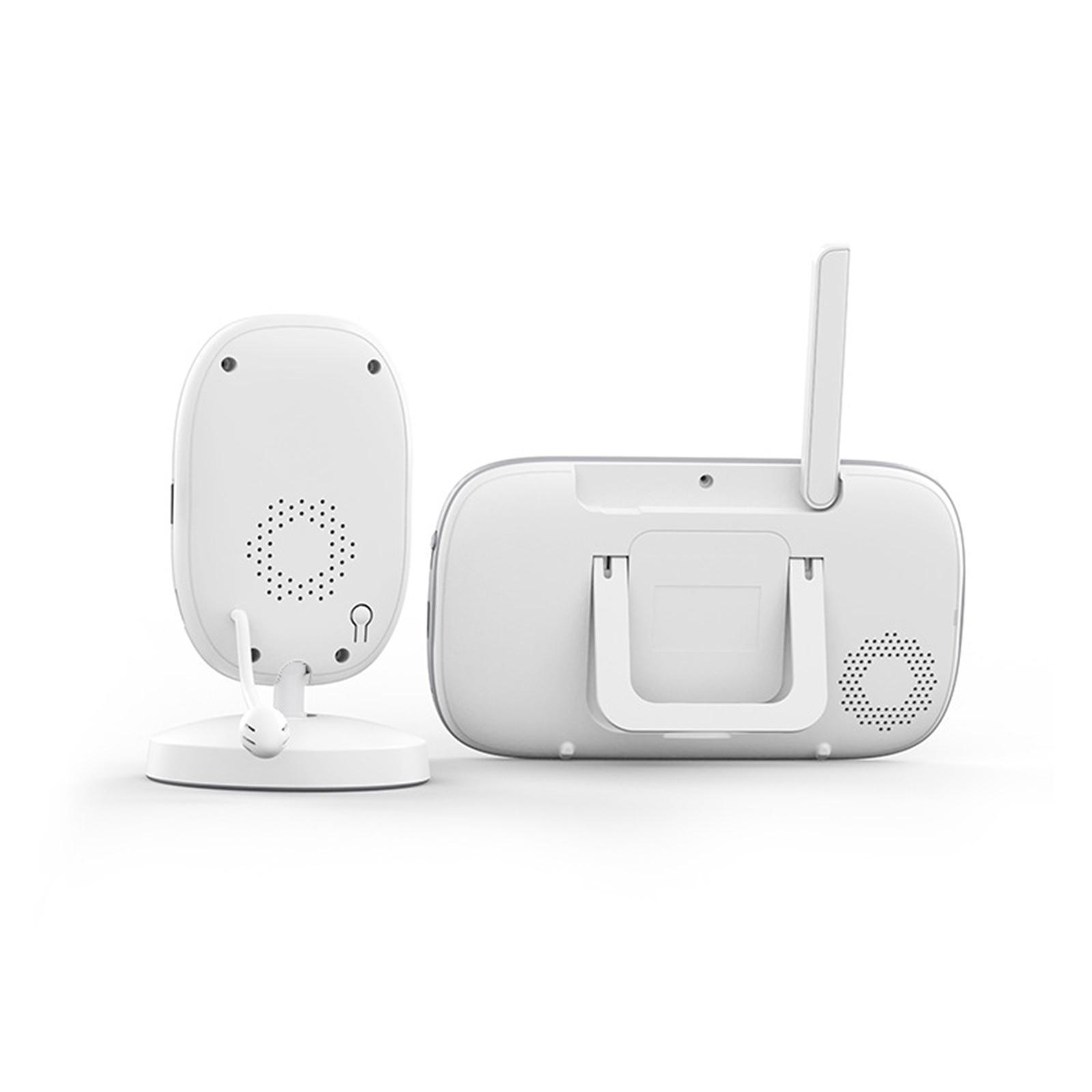Weißes Babyphone-Set. Eine Basis mit Kamera und ein Bildschirm mit Ständer. Die Kamera hat ein Mikrofon.