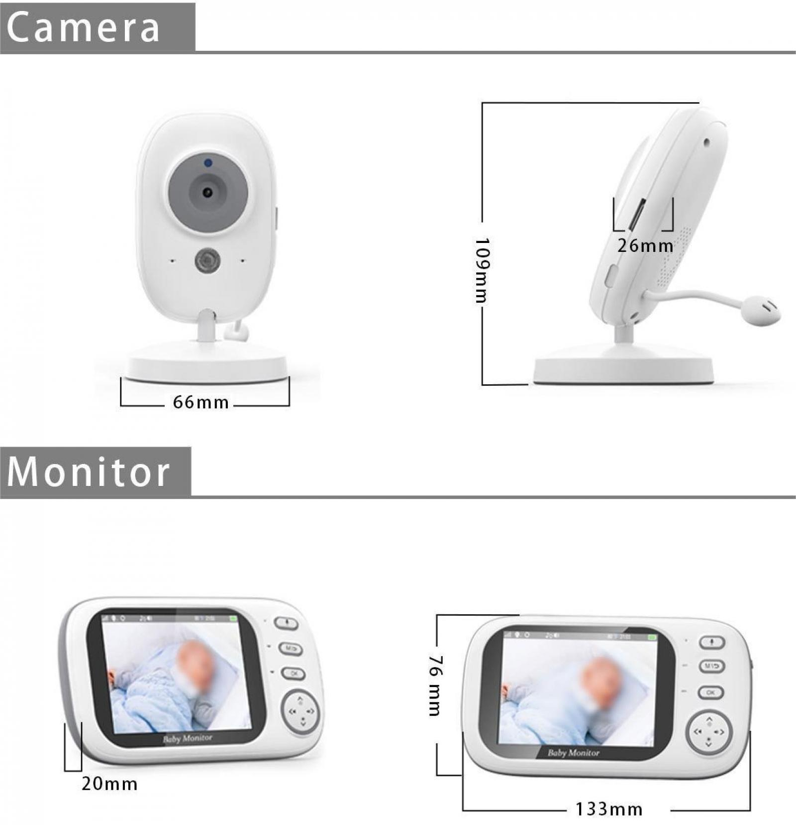 Das Bild zeigt ein Babyphone-Set. Kamera und Monitor sind detailliert dargestellt, mit Maßangaben. Der Bildschirm zeigt ein Baby.