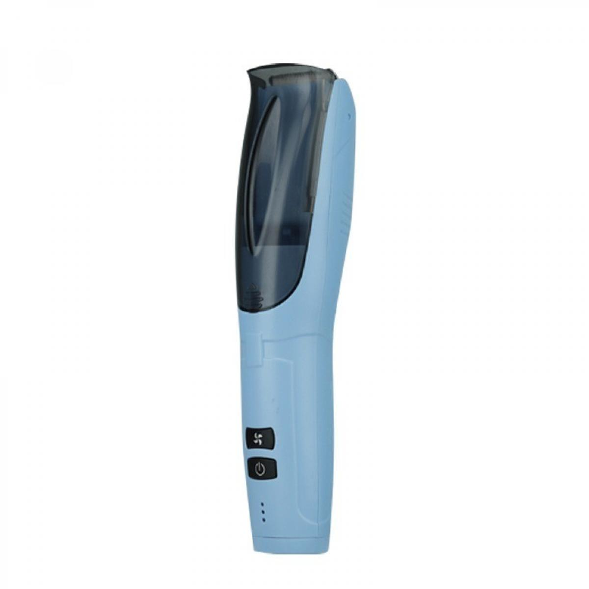 Ein blau-schwarzer elektrischer Haarschneider. Er hat einen Ein-/Ausschalter und Geschwindigkeitstasten. Der Hintergrund ist weiß.