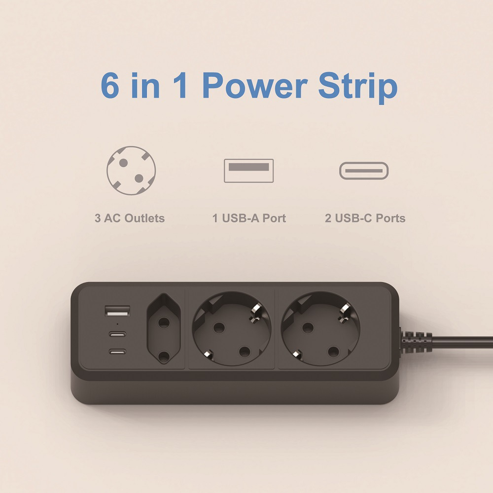 Ein schwarzes 6-in-1-Netzteil mit 3 AC-Steckdosen, 1 USB-A-Anschluss und 2 USB-C-Anschlüssen. Text lautet "6 in 1 Power Strip".