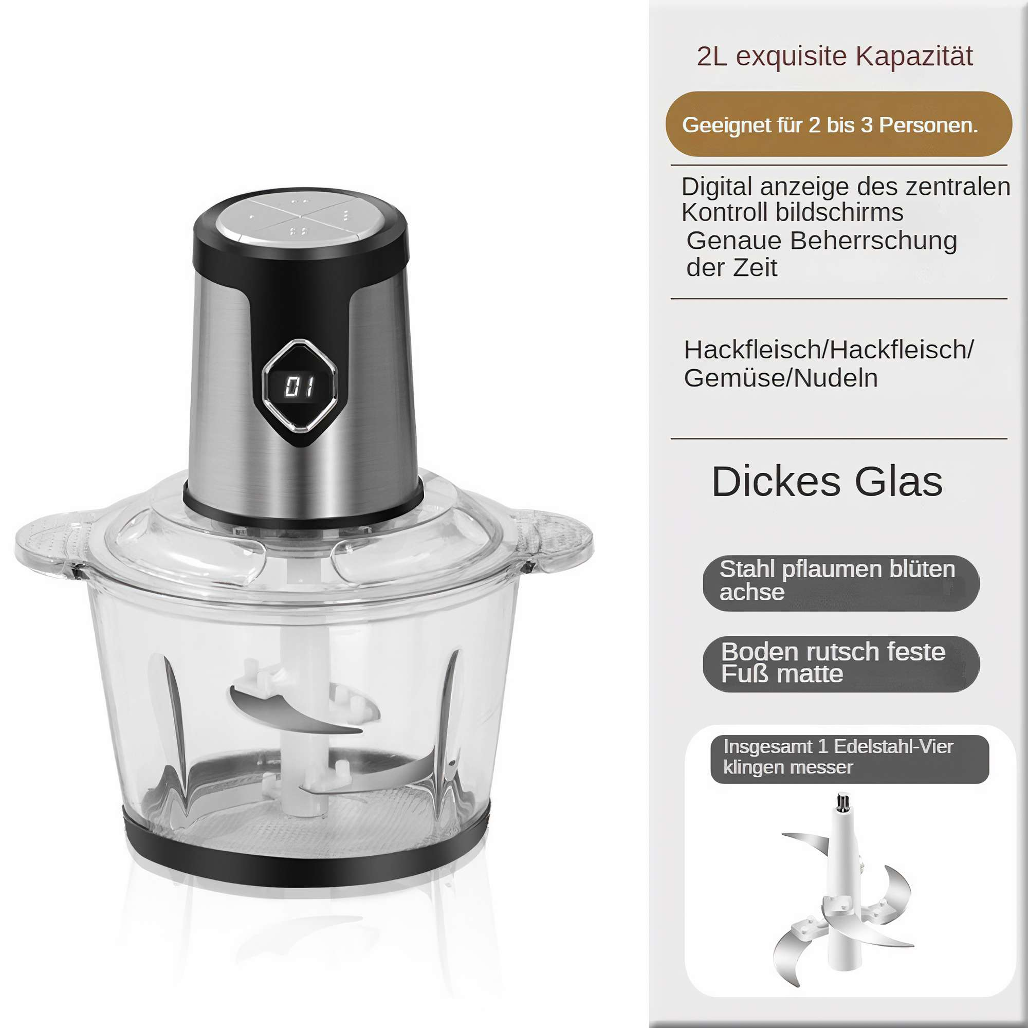 Ein Küchengerät mit Edelstahlaufsatz und klarer Glasschüssel, Messer sind sichtbar. Text auf der Seite auf Deutsch.