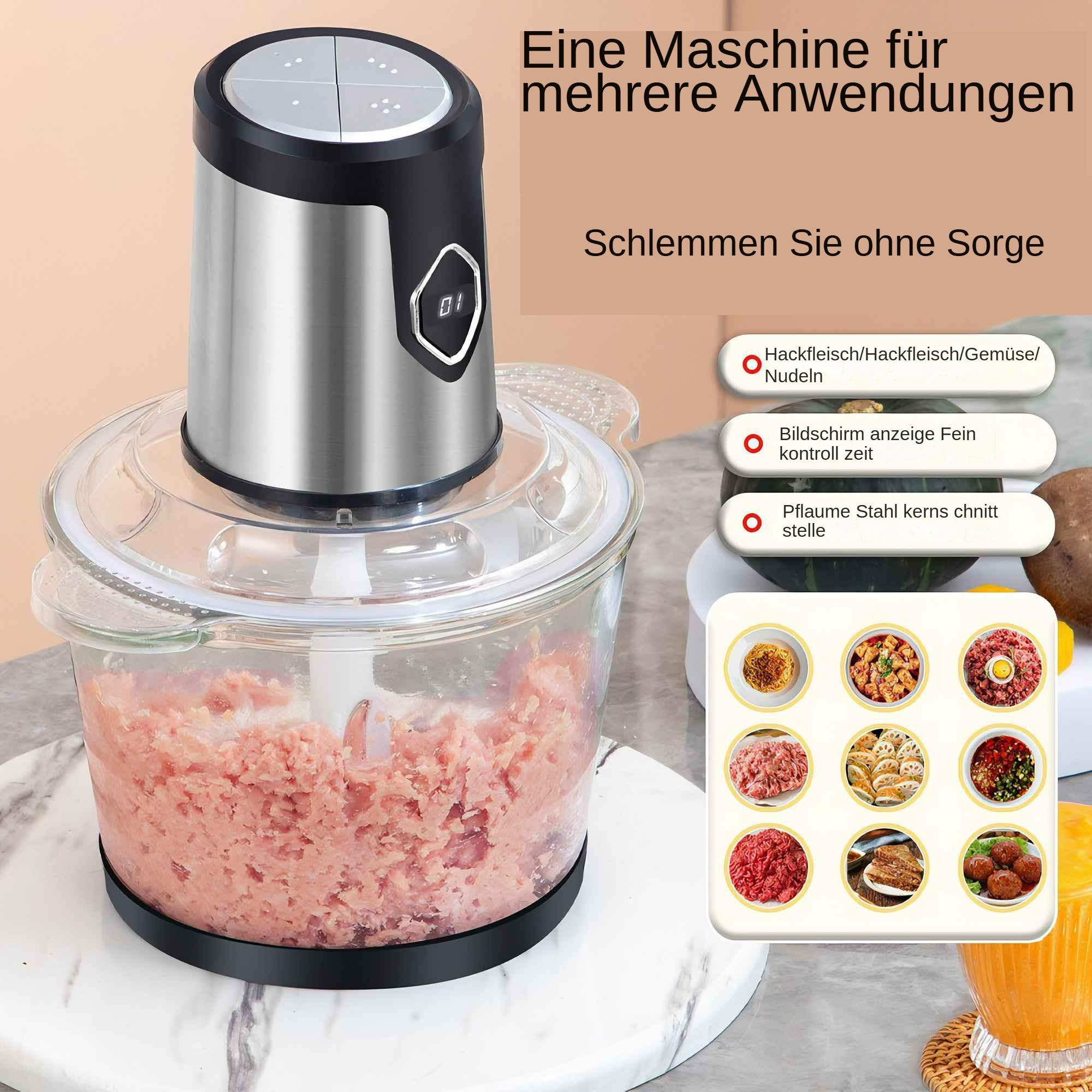 Ein Küchengerät mit Edelstahlgehäuse, klarer Schüssel mit Hackfleisch und einem Bedienfeld mit der Anzeige '01'.