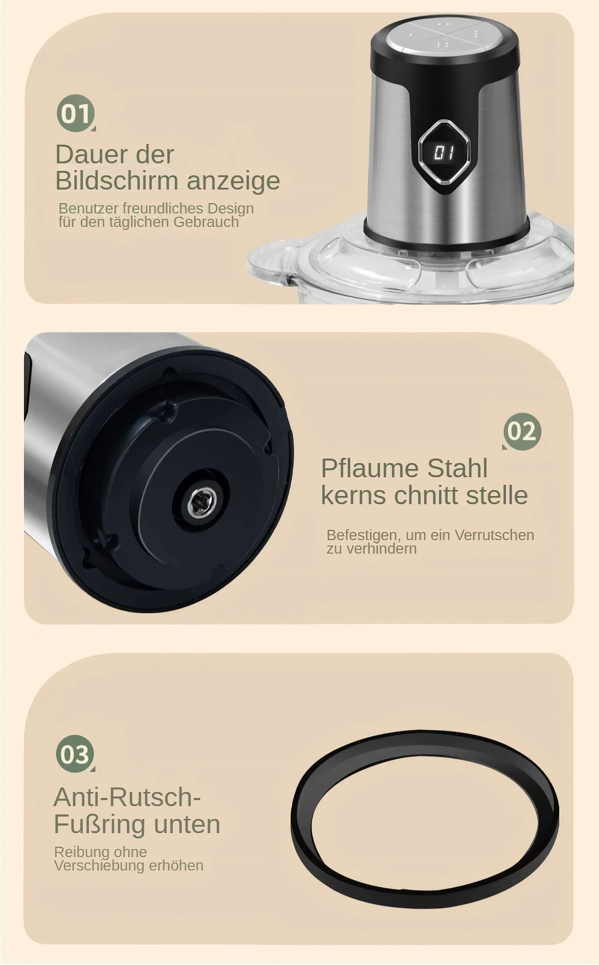 Ein Küchengerät mit Digitalanzeige und drei beschrifteten Teilen: Motor, Klingenbereich und Anti-Rutsch-Ring.