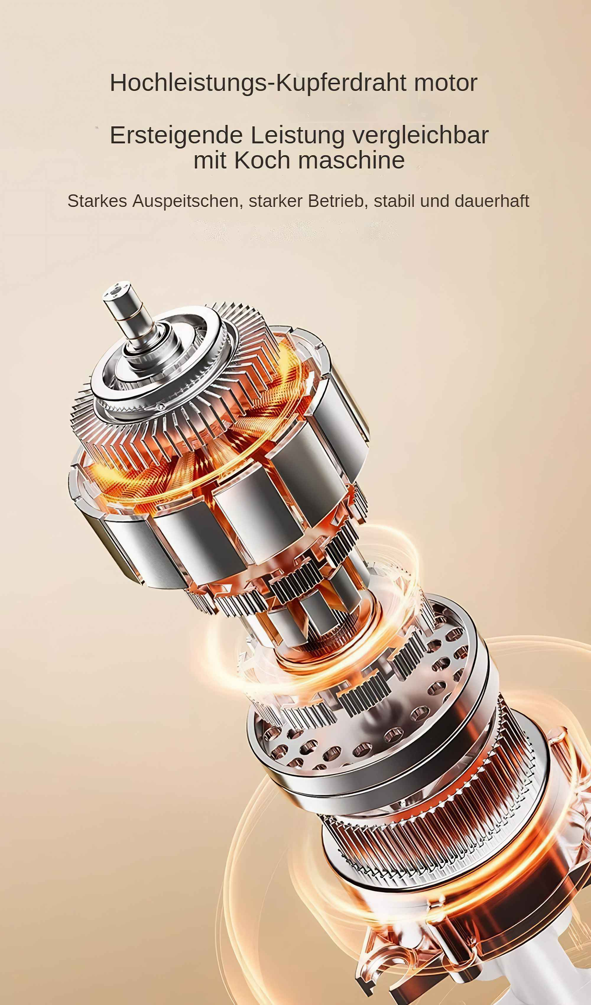 Nahaufnahme eines metallischen Motors mit Kupferverdrahtung, leuchtenden orangefarbenen Lichteffekten und Text auf Deutsch.