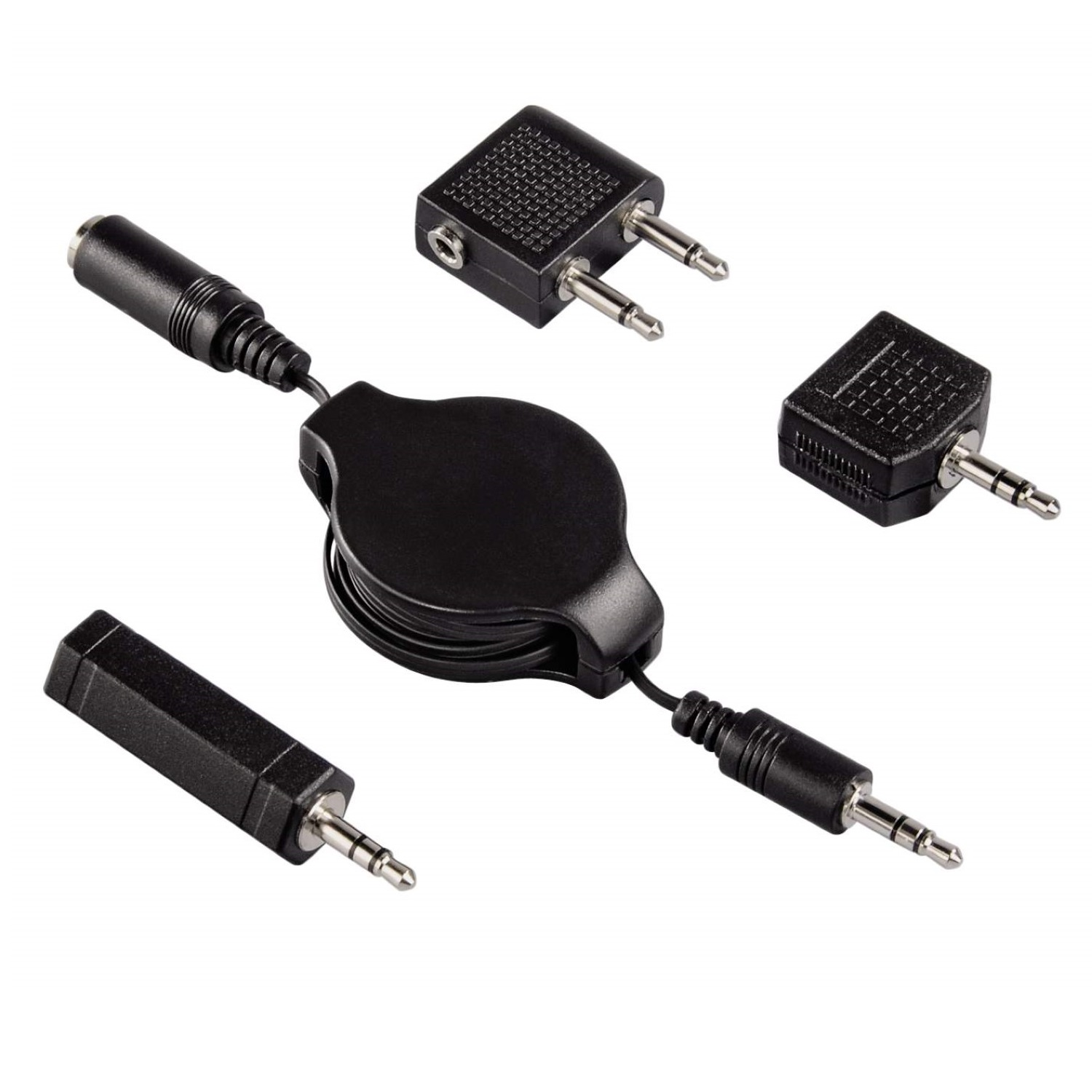 Schwarze Audioadapter auf Weiß. Ein einziehbares Kabel verbindet sie. Drei Adapter sind 3,5-mm-Klinken, einer ist 6,35 mm.