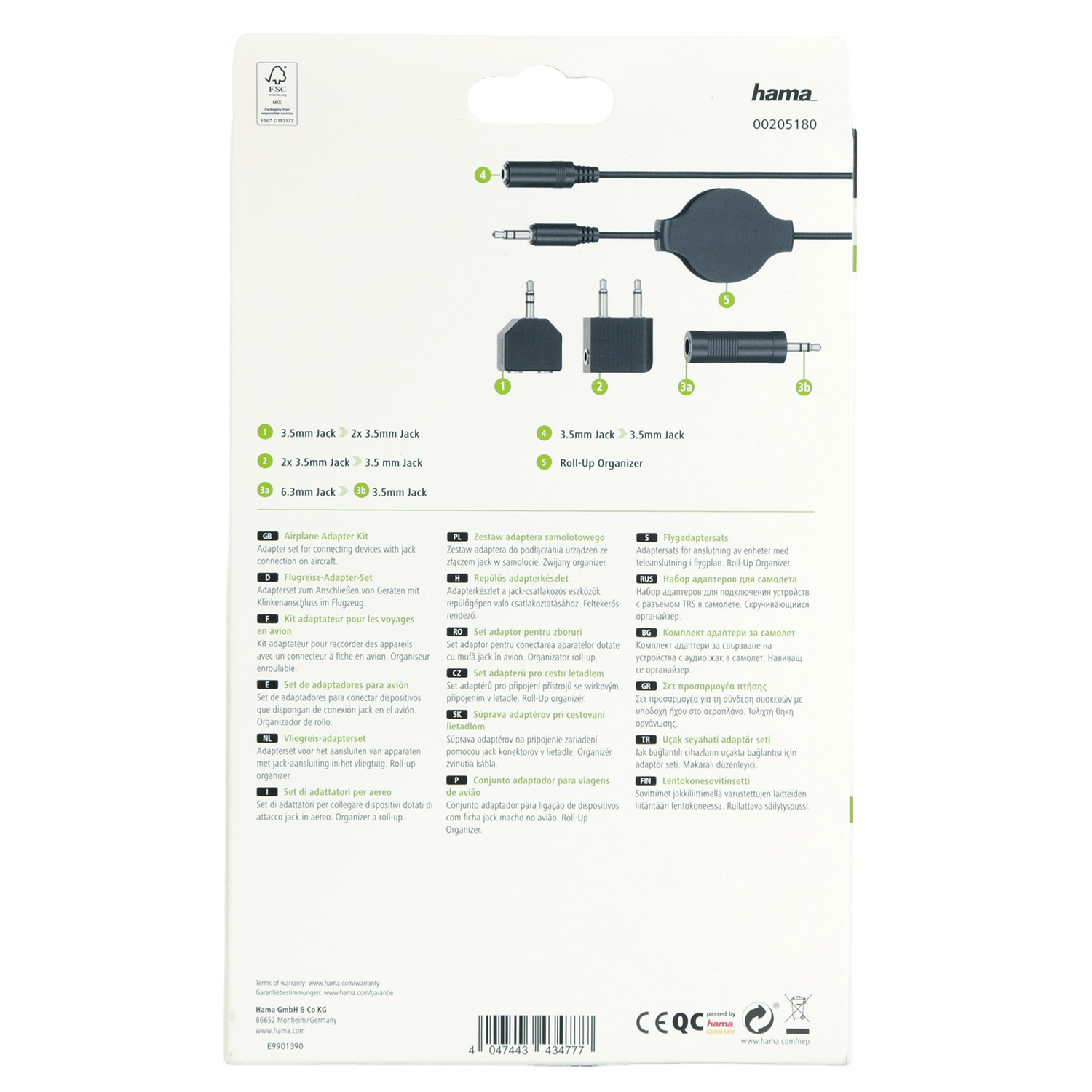 Produktverpackung mit Adaptern. Das Produkt ist schwarz. Text und Diagramme sind sichtbar.