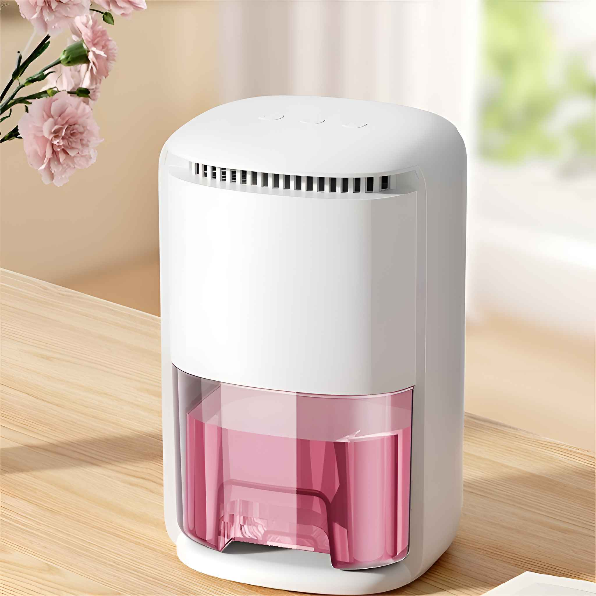 Weiß-rosa Luftreiniger auf Holztisch, mit rosa Blumen im Hintergrund. Der Reiniger hat einen rosa Wassertank.