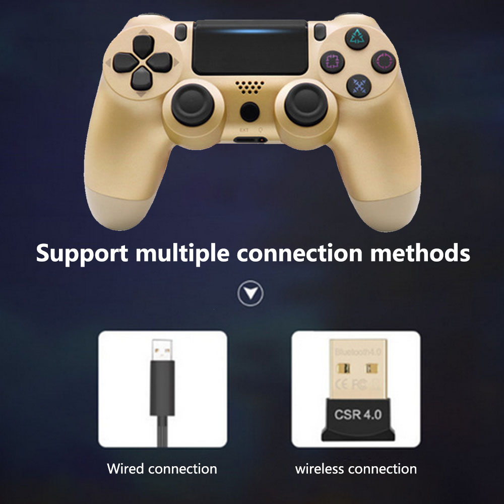 Ein goldener Spielcontroller mit mehreren Tasten wird gezeigt. Darunter werden kabelgebundene und drahtlose Verbindungsmethoden gezeigt.