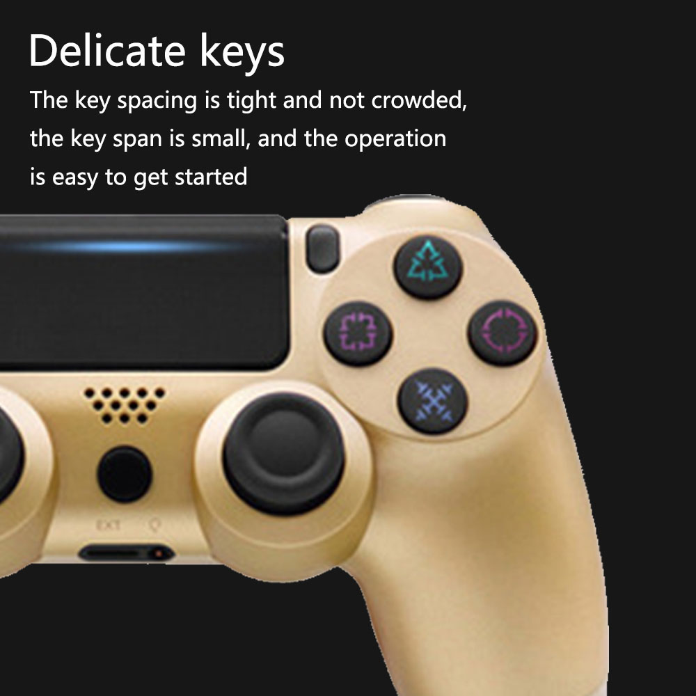 Goldener Gamecontroller mit schwarzem Touchpad und bunten Knöpfen. Text 'Delicate keys' und Beschreibung sind sichtbar.