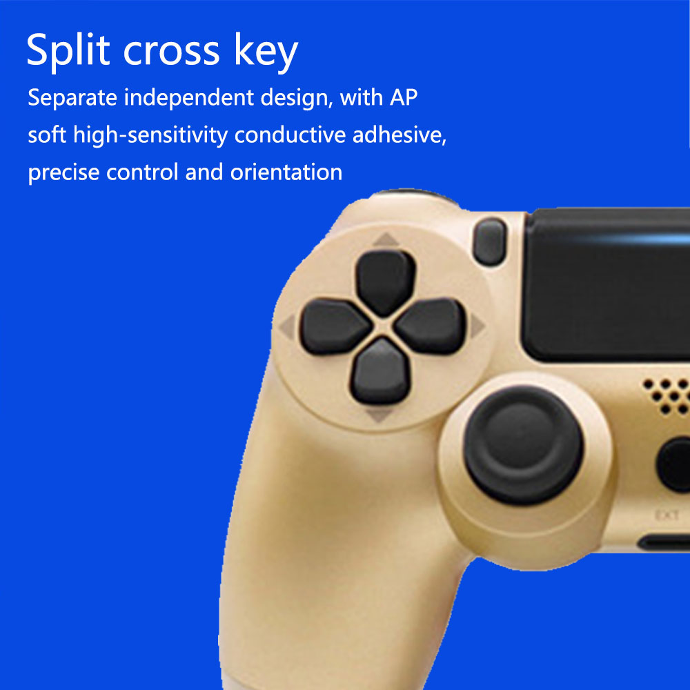 Ein gold-schwarzer Gamecontroller. Der Kreuzschlüssel steht im Fokus, mit Text im Hintergrund. Der Hintergrund ist blau.