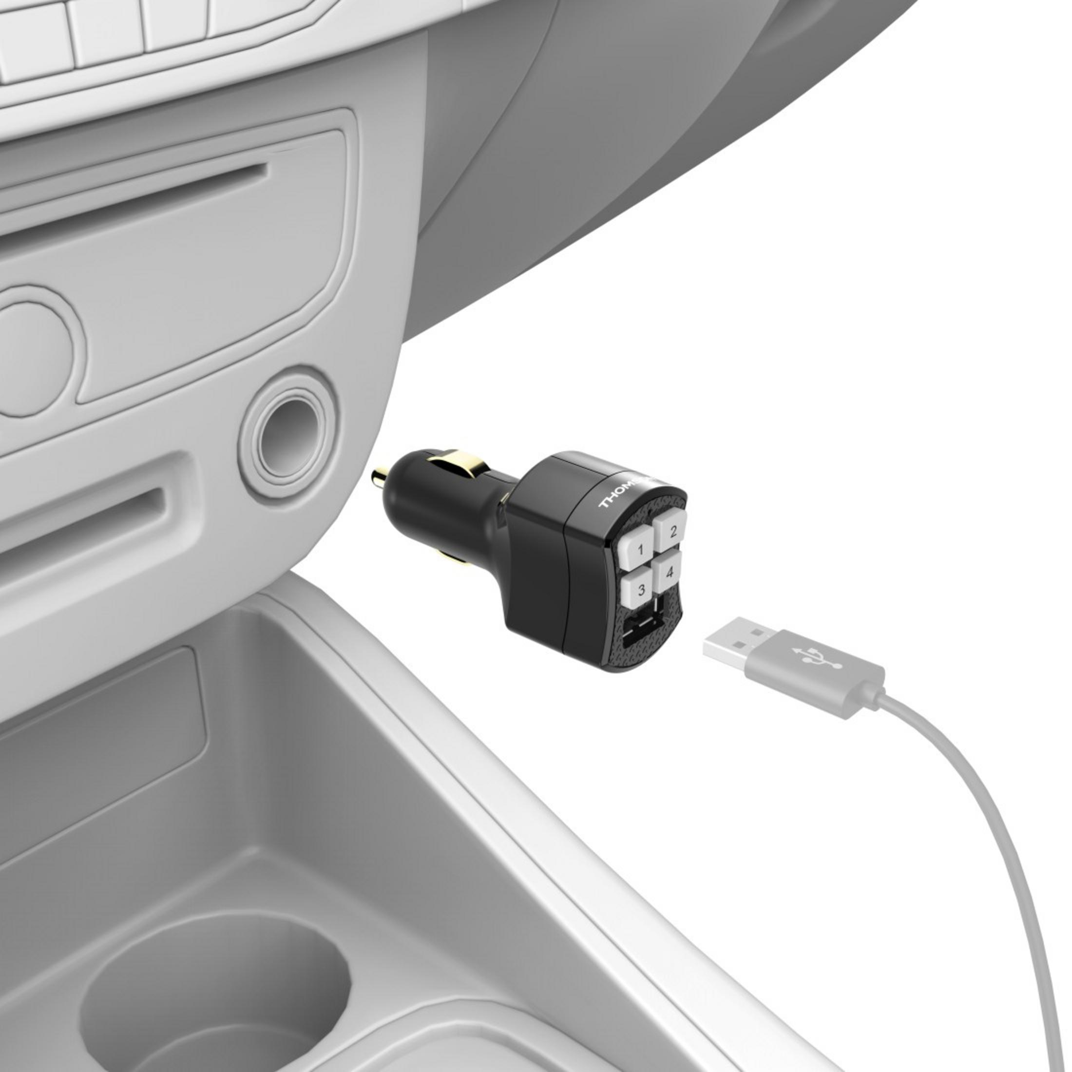 Autointerieur mit einem schwarzen USB-Ladegerät, das über ein USB-Kabel angeschlossen ist. Das Ladegerät hat Knöpfe und einen USB-Anschluss, im Auto.