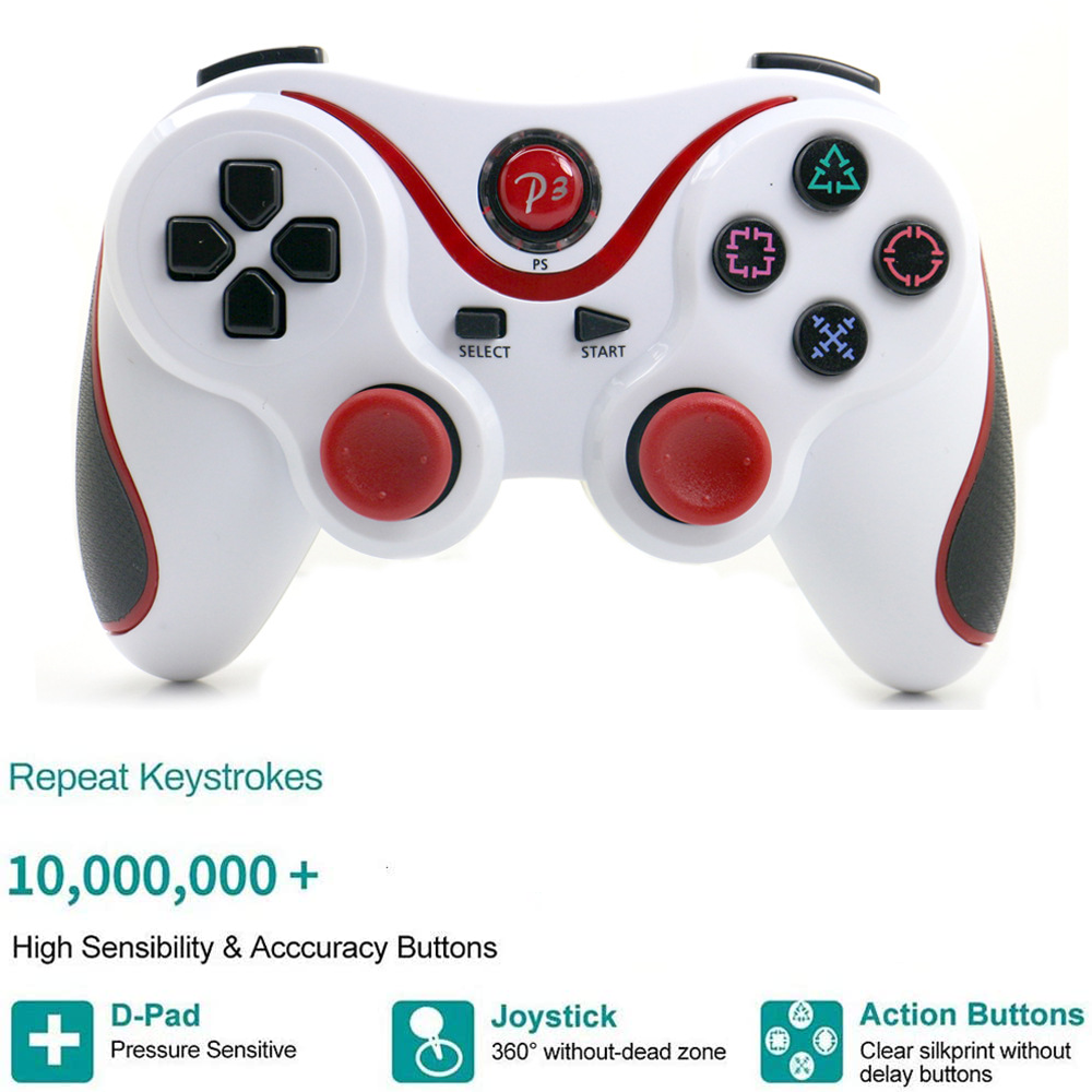Ein weiß-roter Gamecontroller mit schwarzen Knöpfen und zwei roten Joysticks. Der Controller hat eine 'P3'-Taste und andere Funktionstasten.