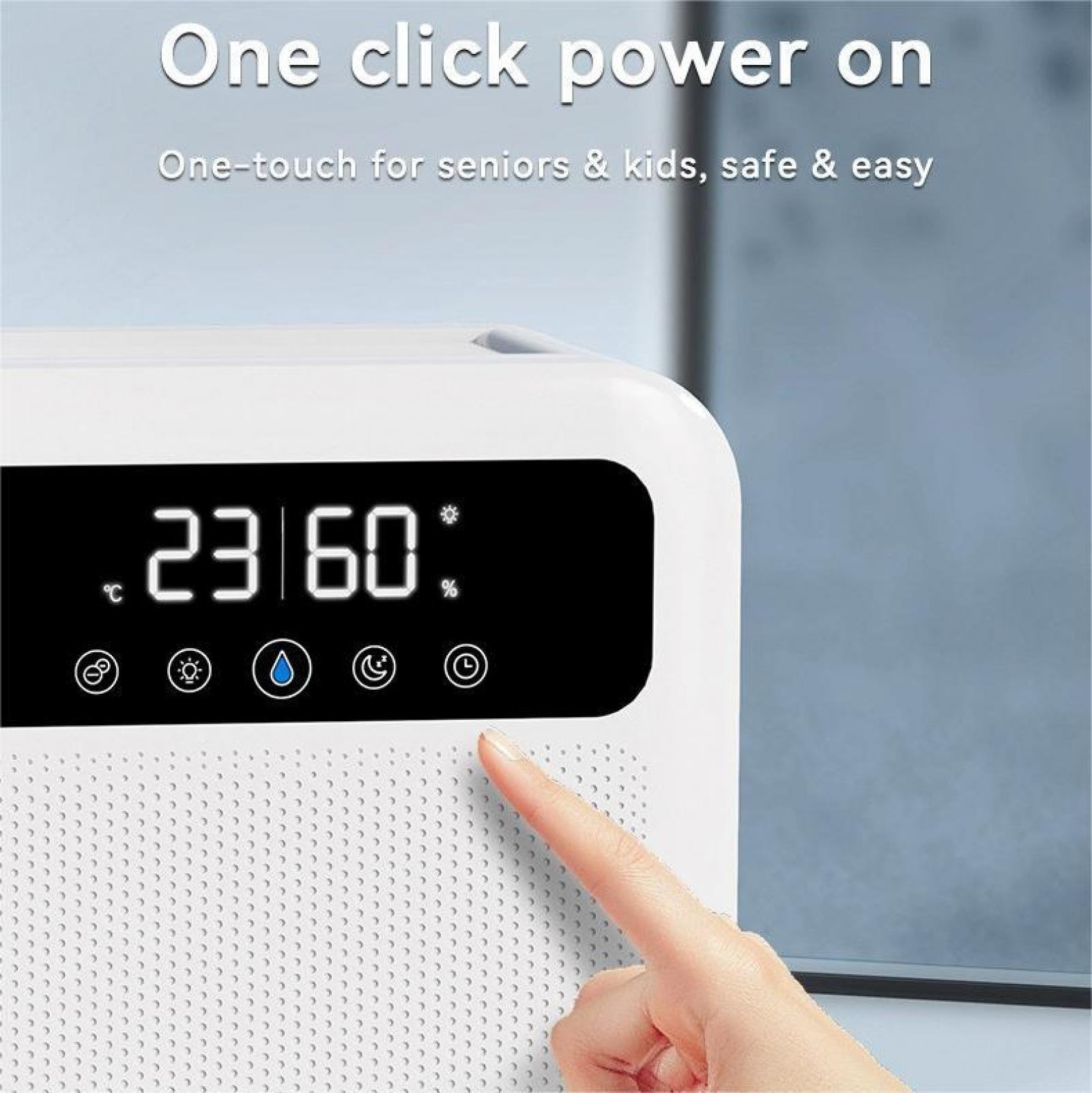 Weißes Gerät mit schwarzem Display, das Zahlen anzeigt. Ein Finger drückt den Einschaltknopf. Text lautet 'One click power on'.