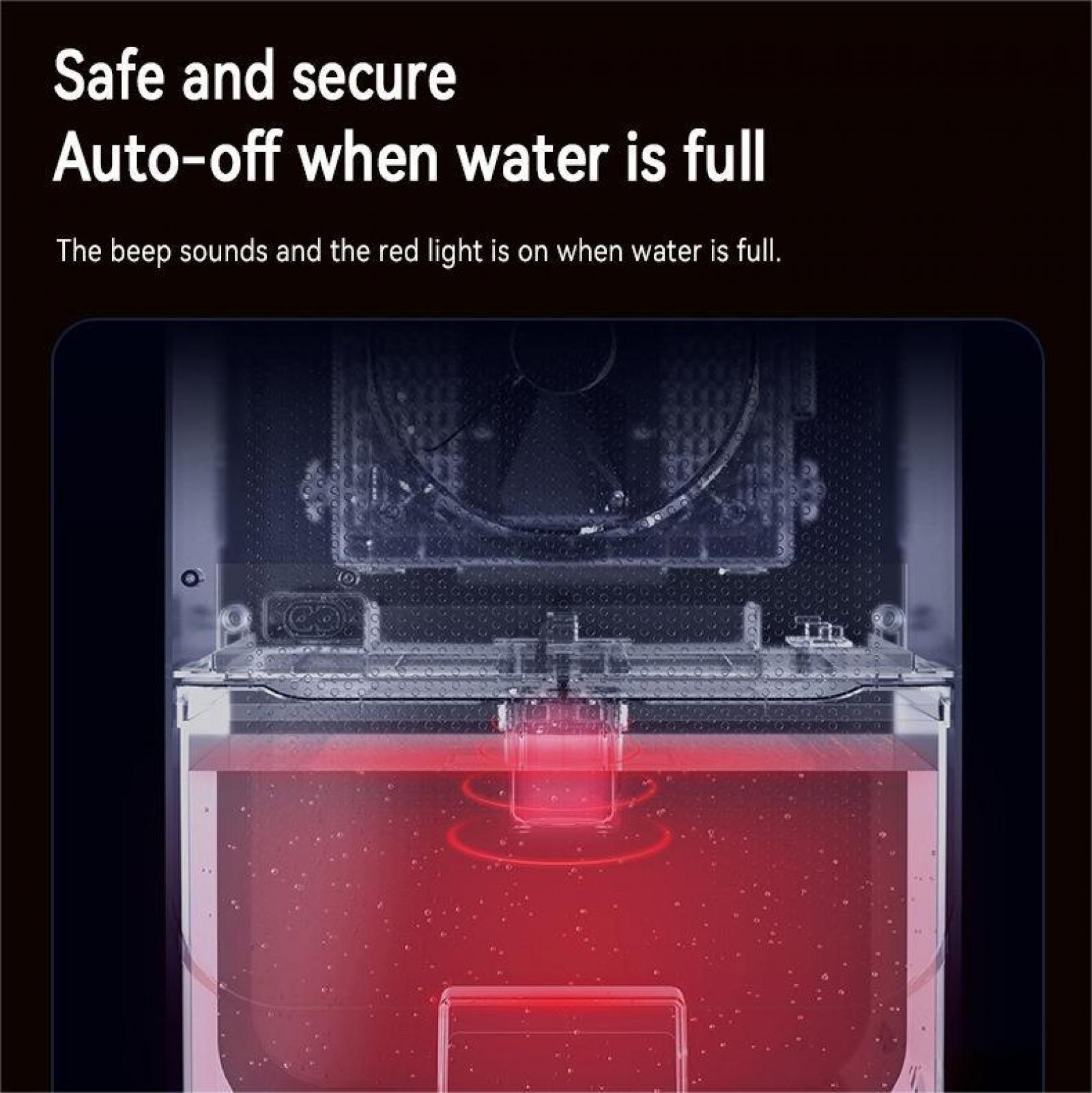 Ein Gerät mit rotem Wassertank. Text besagt sicher, automatisches Abschalten, wenn Wasser voll. Der Tank ist voll.