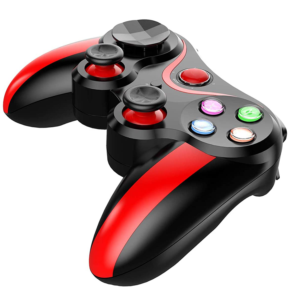Schwarzer und roter Gamecontroller. Er hat verschiedene Knöpfe und Joysticks mit einem zentralen schwarzen Drehknopf. Der Controller ist auf weißem Hintergrund.