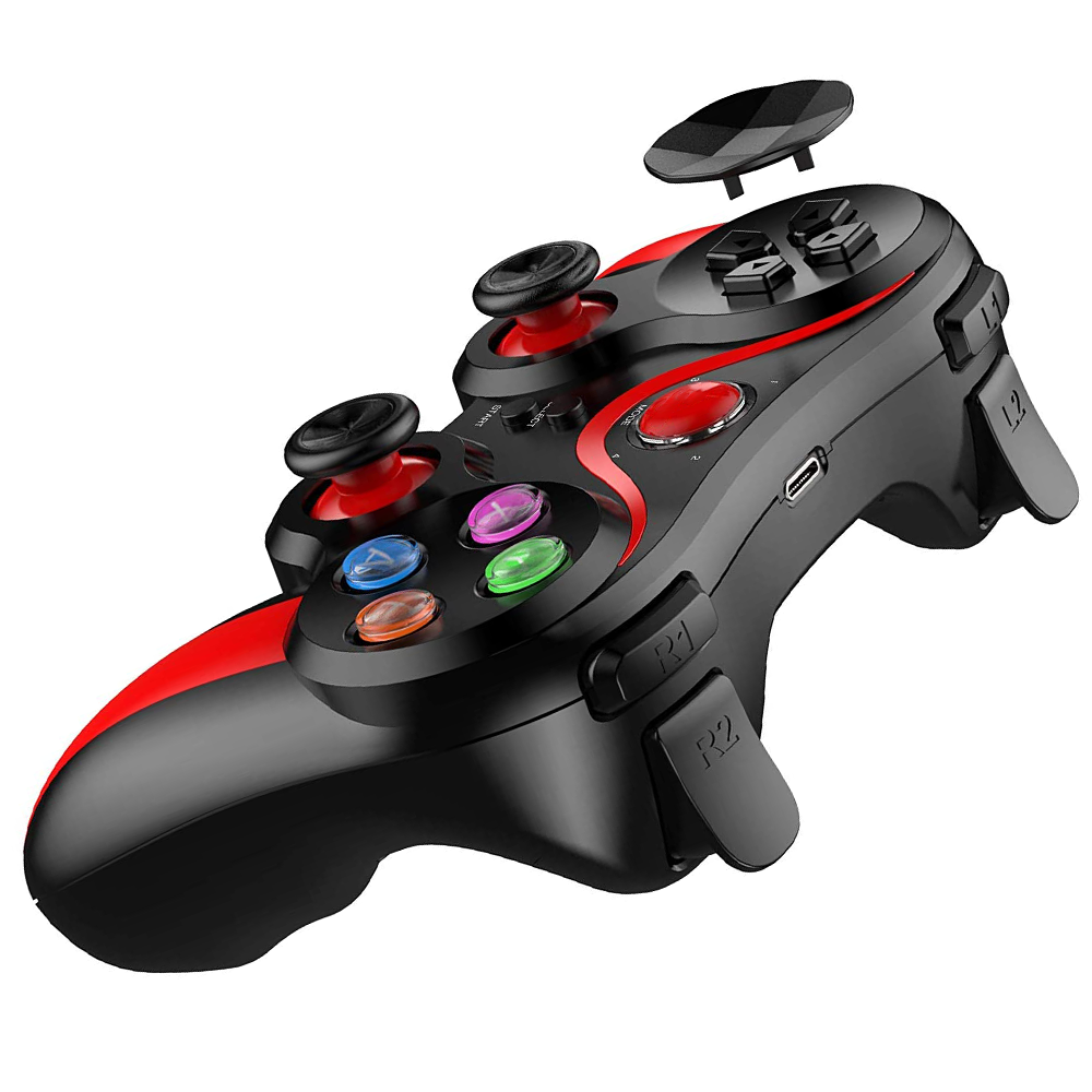 Ein schwarz-rotes Gamepad mit mehreren Knöpfen, Joysticks und einem abgenommenen Oberteil. Bunte Knöpfe.