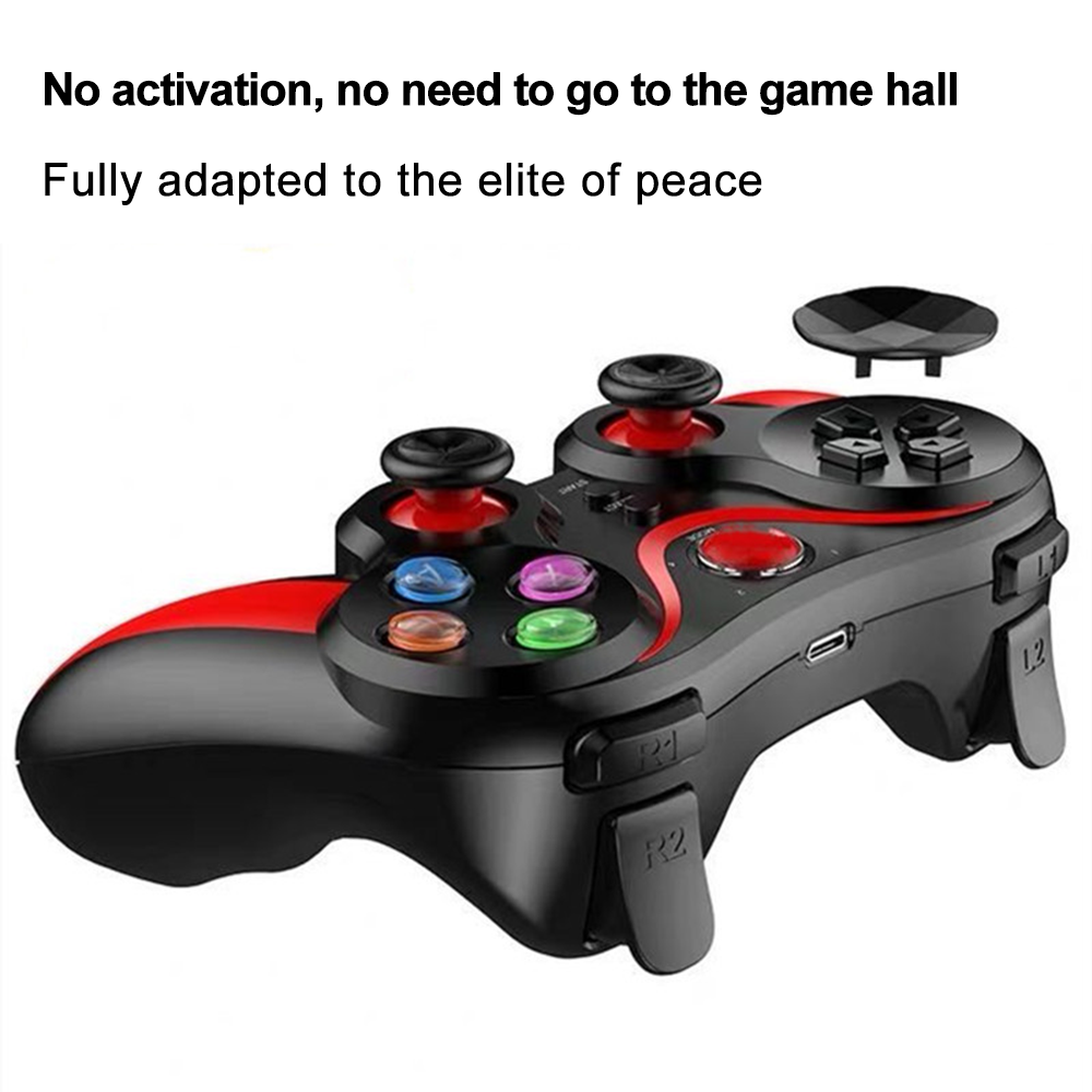 Ein schwarzes und rotes Gamepad mit bunten Knöpfen wird angezeigt. Darüber befindet sich eine abgetrennte schwarze Taste, mit R1- und R2-Tasten.