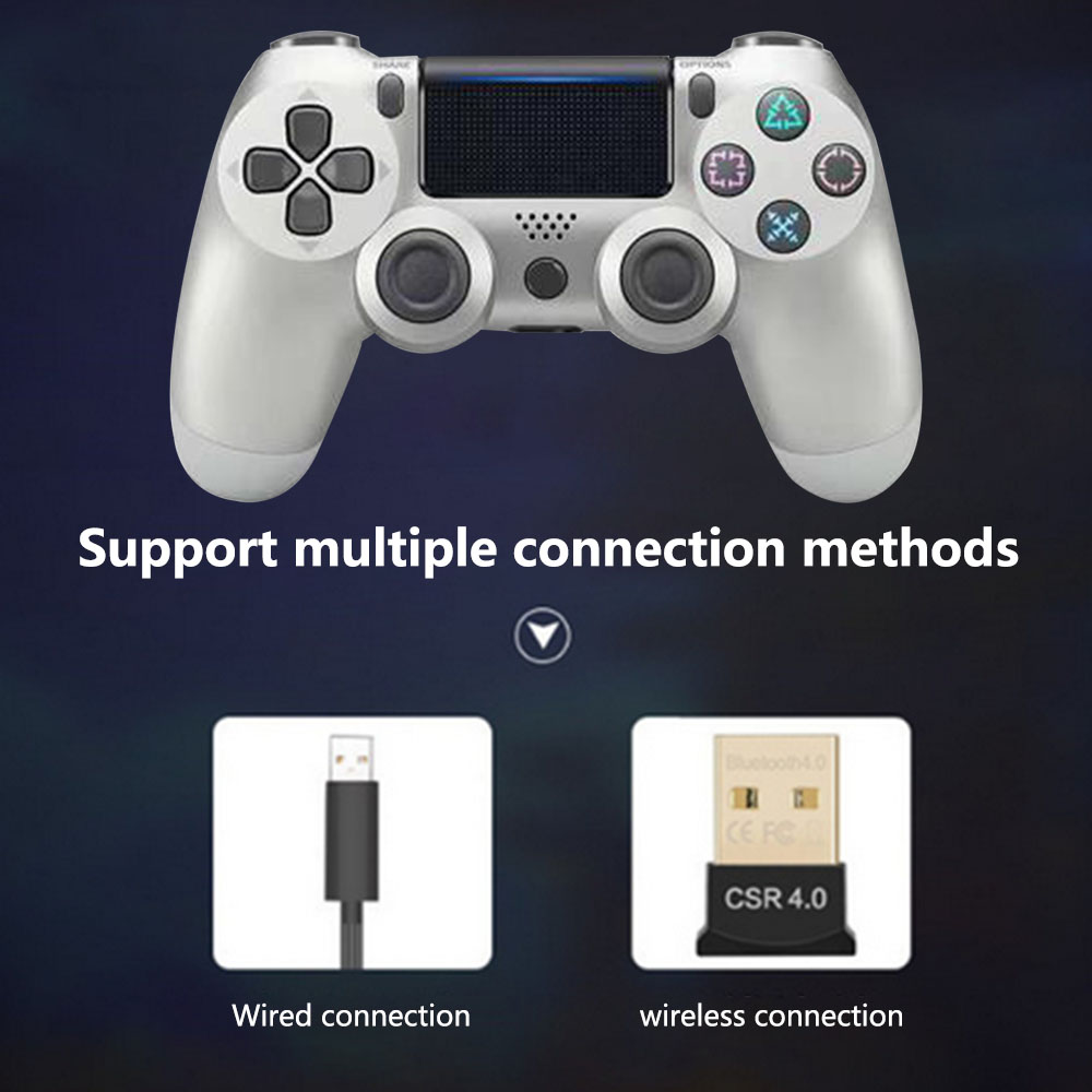 Ein weißer Gamecontroller mit mehreren Tasten wird angezeigt. Kabelgebundene und drahtlose Verbindungsoptionen werden unten angezeigt.