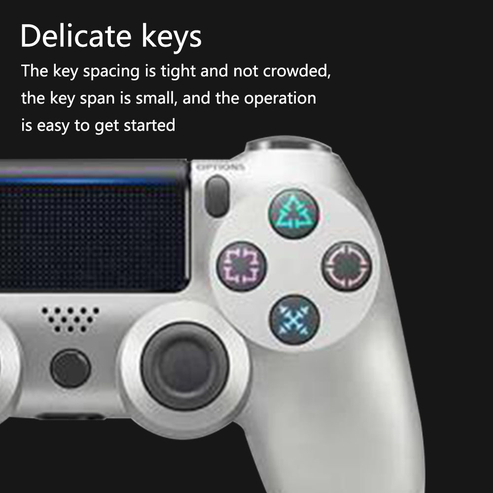 Silberner Gamecontroller, Tasten mit Symbolen. Text: Zarte Tasten, enger Tastenabstand, geringe Tastenbreite, einfache Bedienung.
