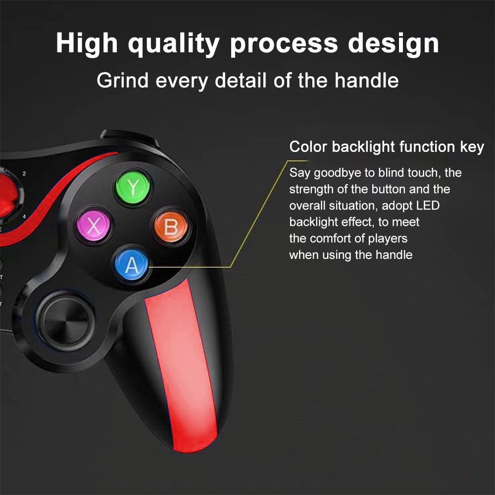 Schwarzer Gamecontroller mit farbigen Tasten und rotem Streifen. Text lautet 'Hochwertiges Prozessdesign' und 'Farben-Hintergrundbeleuchtungs-Funktionstaste'.