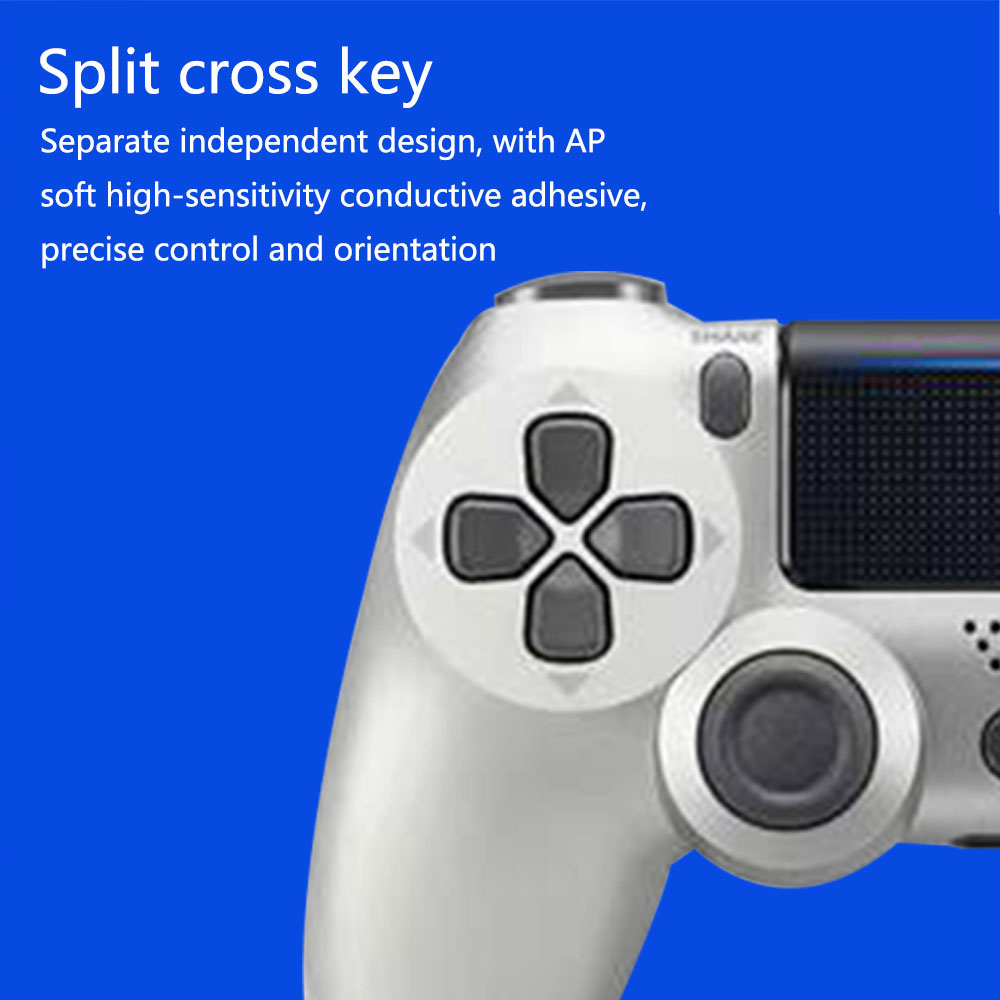 Nahaufnahme eines silbernen Gamecontrollers vor blauem Hintergrund. Die Kreuztaste des Controllers ist deutlich zu sehen, Text darüber.