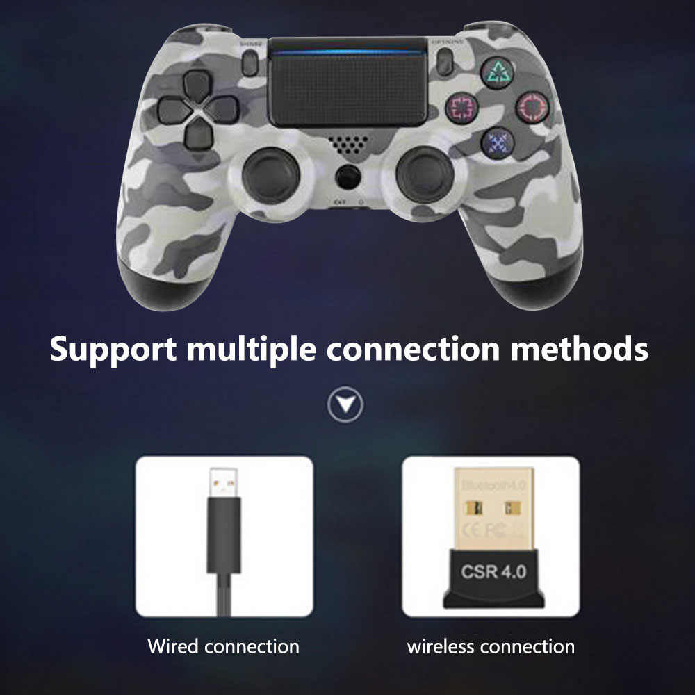 Ein Tarnfarben-Controller mit kabelgebundenen und drahtlosen Verbindungsoptionen. Das Bild zeigt einen Controller mit USB-Kabel und Bluetooth-Empfänger.