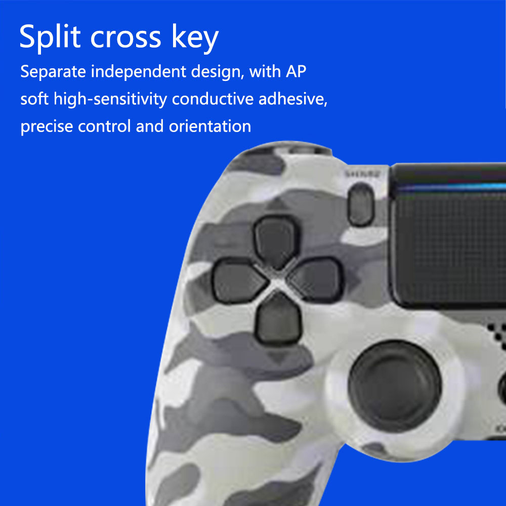 Nahaufnahme eines Spielcontrollers mit Tarnmuster, Kreuztaste, Knöpfen und blauem Hintergrund.