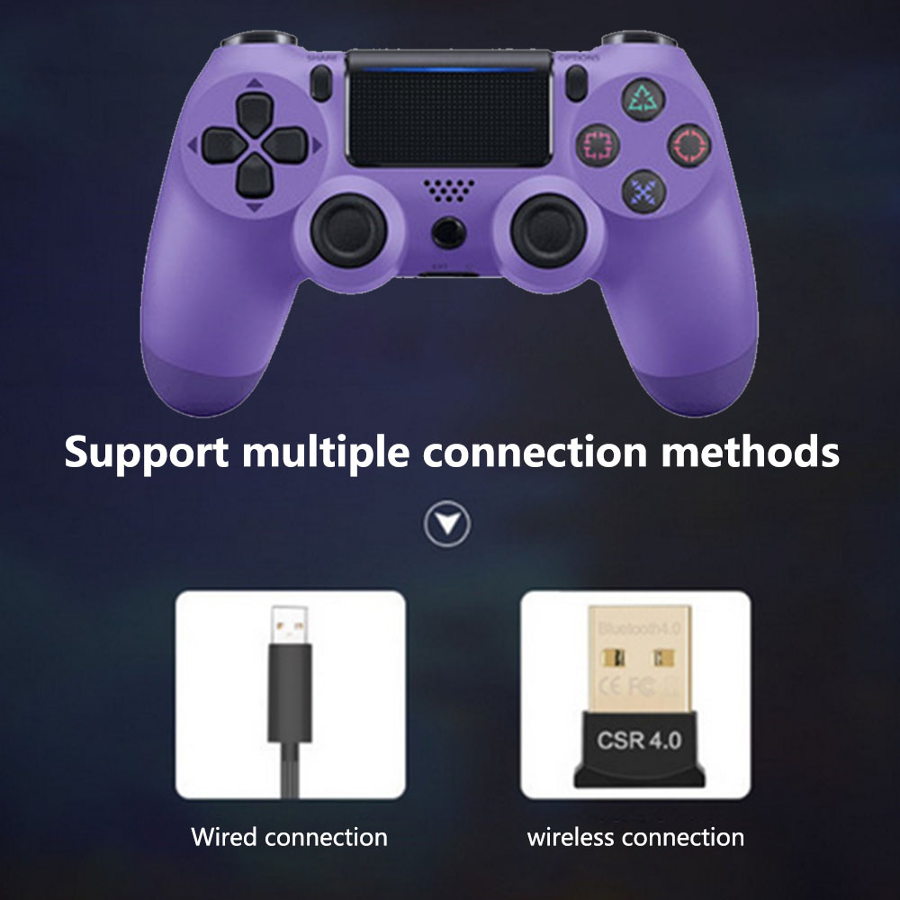 Lila Gamecontroller mit dargestellten Verbindungsmethoden, einschließlich kabelgebundener und drahtloser Optionen, vor dunklem Hintergrund.
