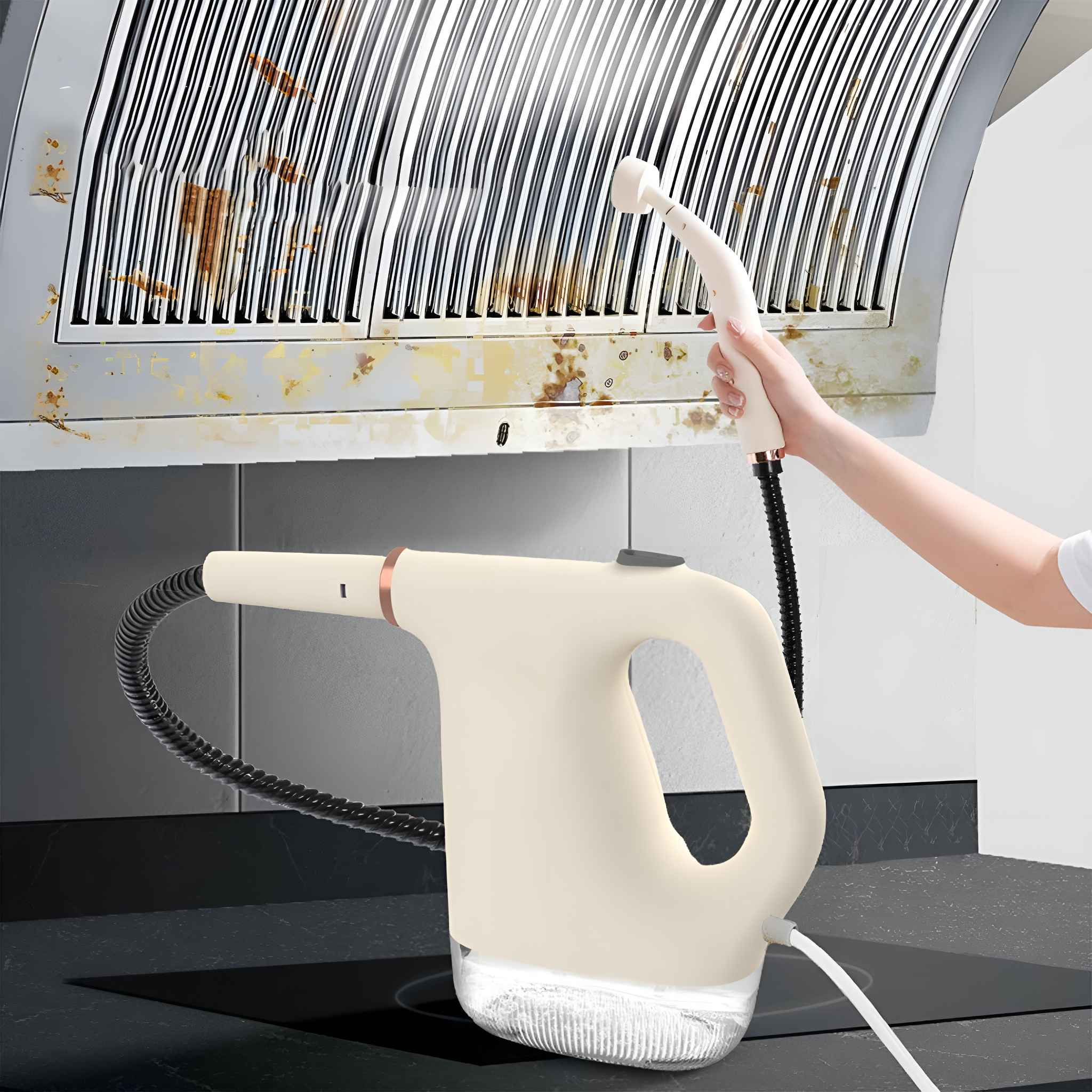Eine Hand hält einen Dampfreiniger auf eine verschmutzte Dunstabzugshaube. Der Reiniger ist beige, die Haube hat braune Flecken.
