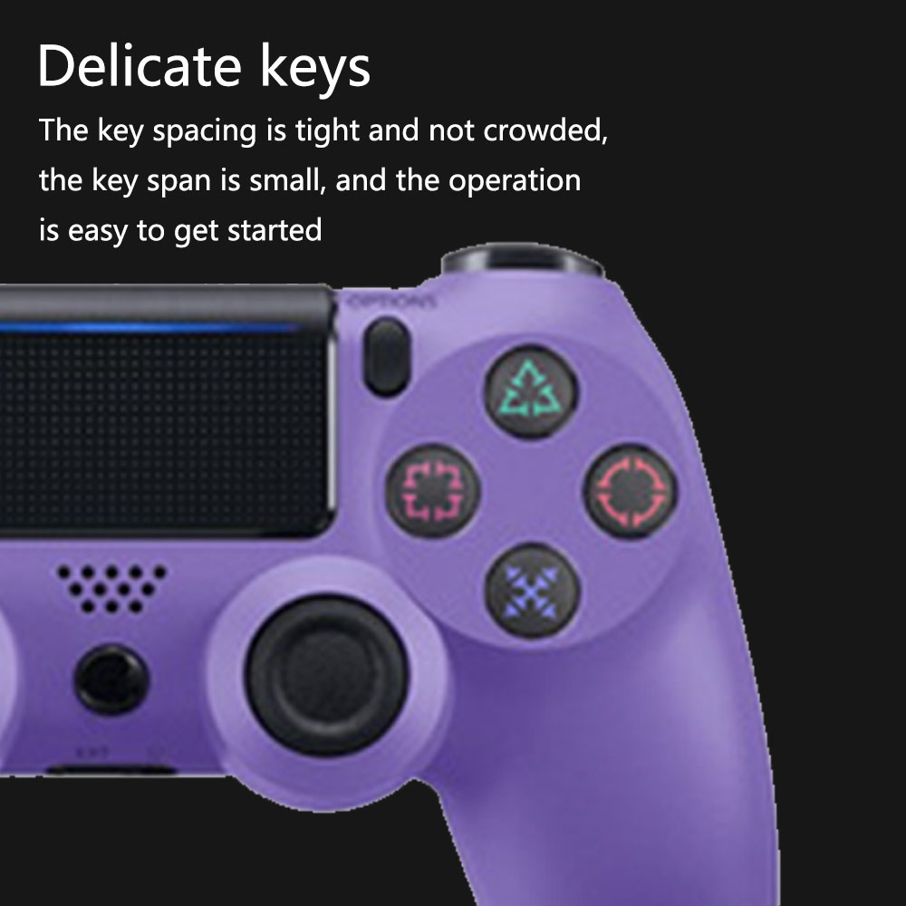 Ein lila Gamecontroller mit schwarzen Knöpfen und farbigen Symbolen. Der Text "Delicate keys" steht oben im Bild.