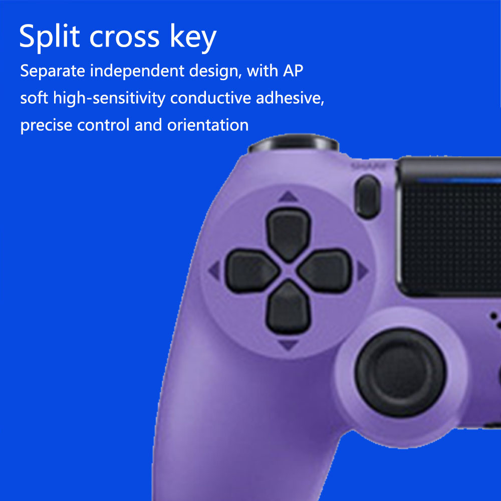 Ein lila Gamecontroller mit geteilter Kreuztaste, schwarzen Knöpfen und einer kreisförmigen Taste. Der Hintergrund ist blau.