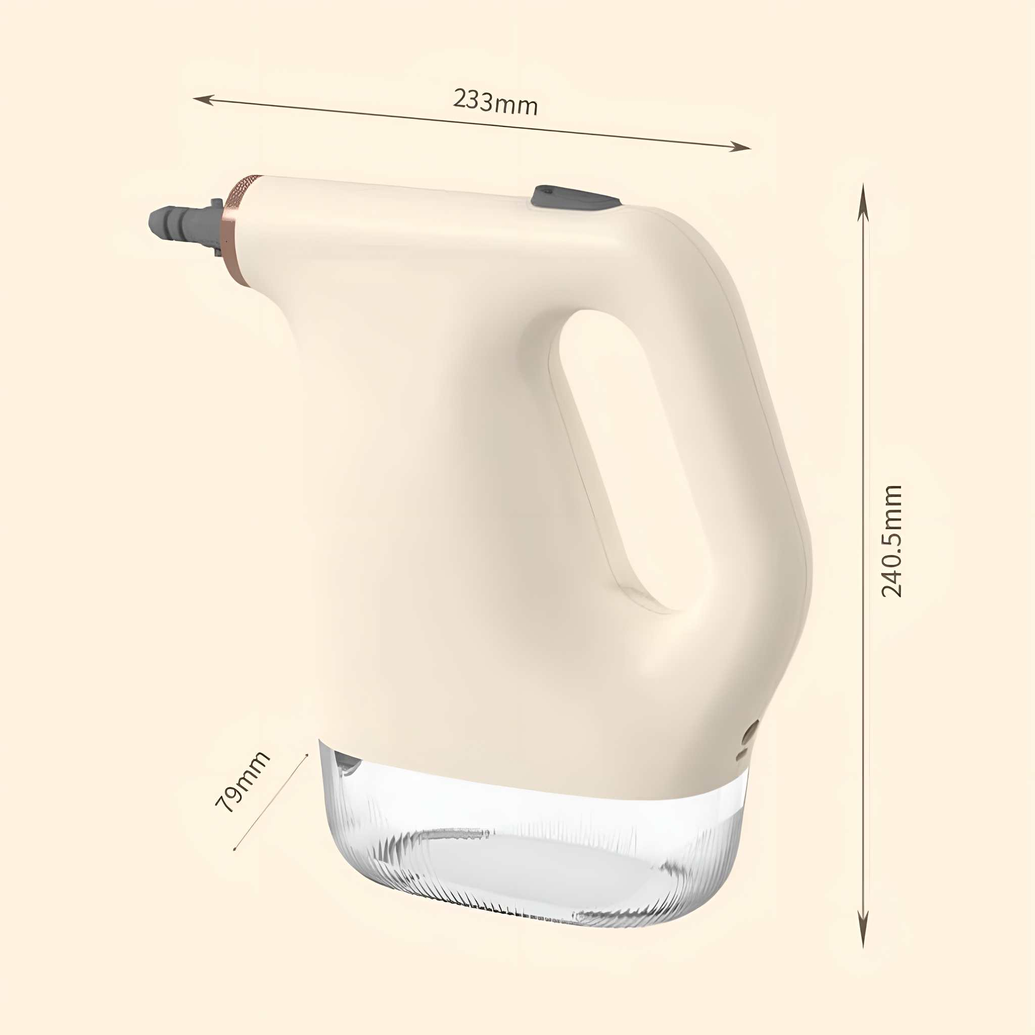 Ein weißer Handdampfer mit transparentem Wassertank, Abmessungen 233 mm, 240,5 mm und 79 mm, vor hellbeigem Hintergrund.