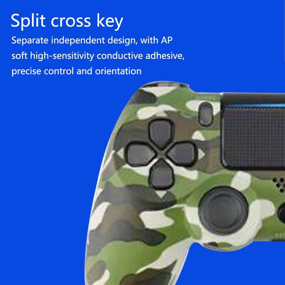 Nahaufnahme eines Spielcontrollers mit Tarnmuster. Er hat ein Steuerkreuz, Tasten und einen Joystick. Der Hintergrund ist blau.