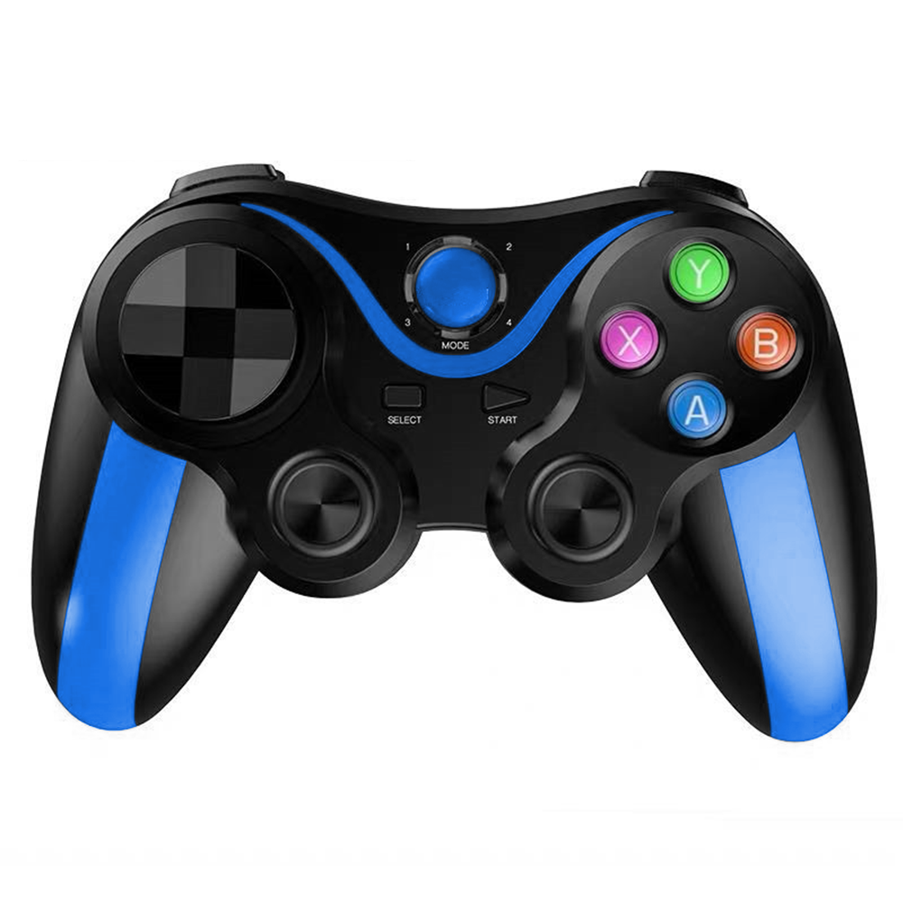 Schwarzer und blauer Gamecontroller. Enthält Tasten: A, B, X, Y, Select, Start und Mode. Die linke Seite hat ein Schachbrettmuster.