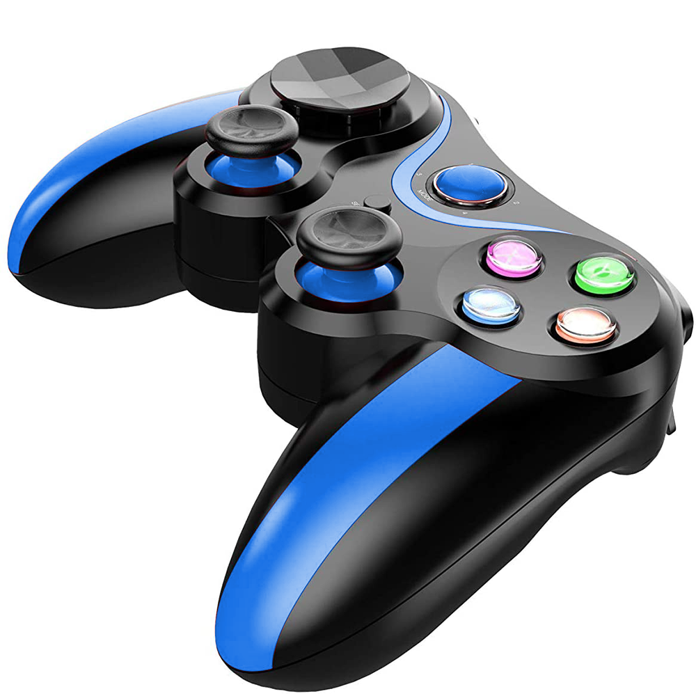 Ein schwarz-blaues Gamepad mit farbigen Knöpfen, darunter Pink, Grün und Blau.