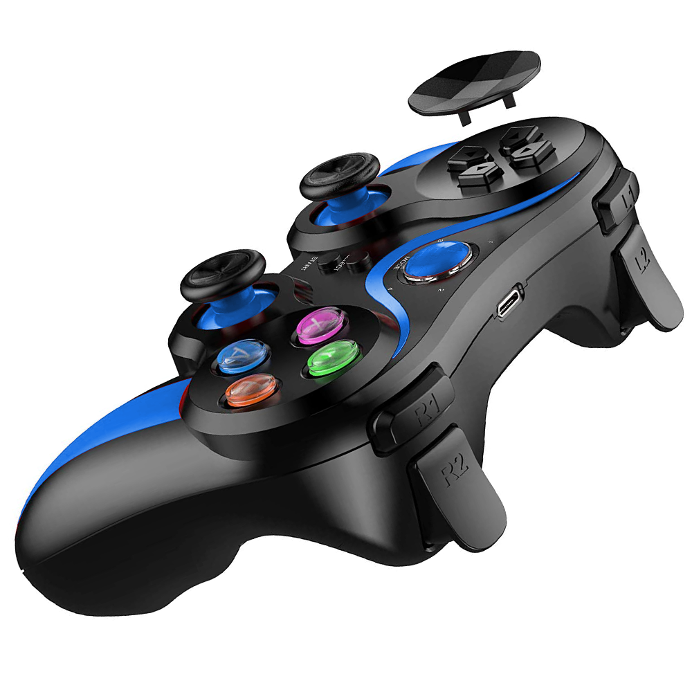 Schwarzer und blauer Gamecontroller mit Knöpfen, Joysticks und einer abgenommenen Abdeckung. Mit bunten Knöpfen und einem USB-Anschluss.