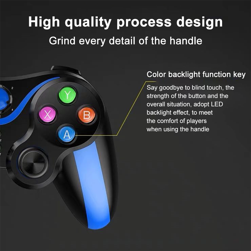 Schwarzer Gamecontroller mit farbigen Knöpfen (X, Y, A, B), blauem Lichtstreifen und Text über Qualitätdesign und Hintergrundbeleuchtung.