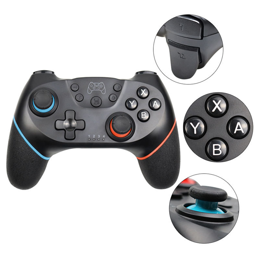 Schwarzer Gamecontroller mit blauen und orangenen Akzenten. Nahaufnahmen zeigen Tasten und Joystick-Details. Isoliert auf Weiß.