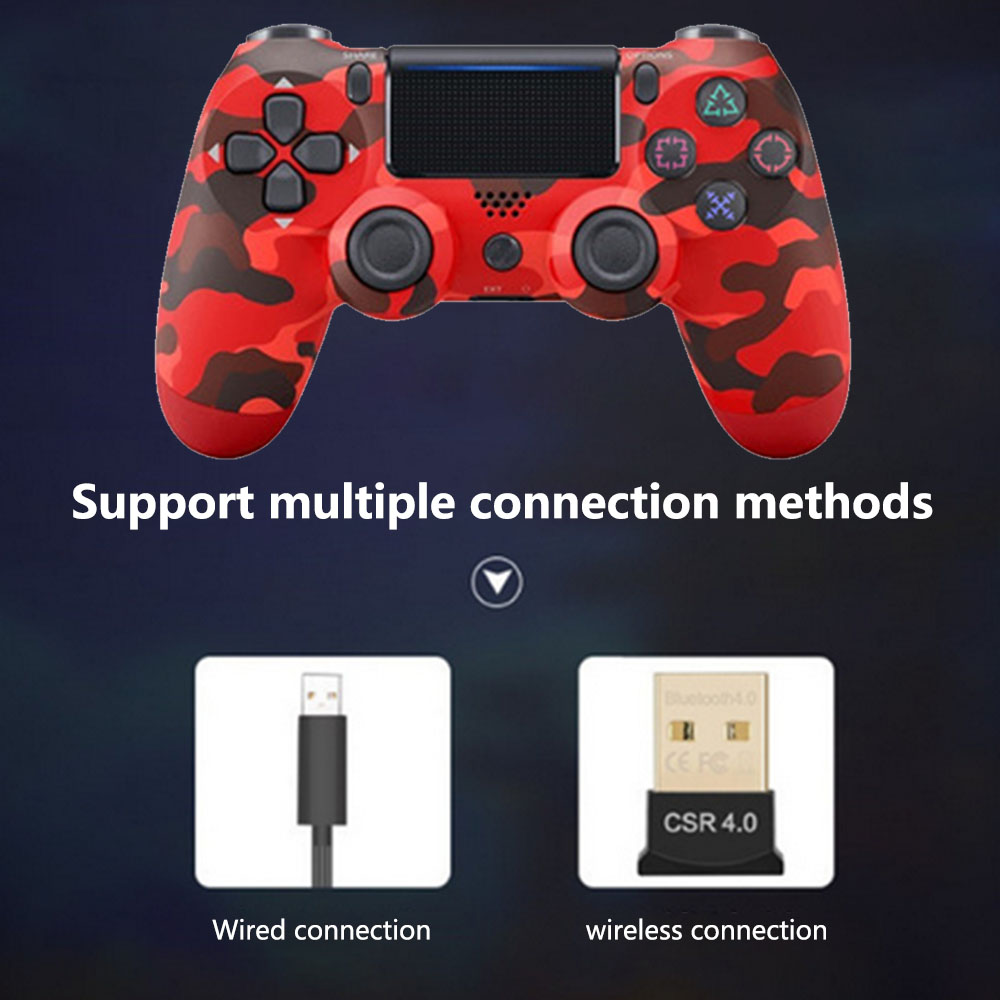 Ein rotes Camouflage-Gamepad mit Knöpfen und einem schwarzen Mittelteil. Unten werden kabelgebundene und kabellose Verbindungsoptionen gezeigt.