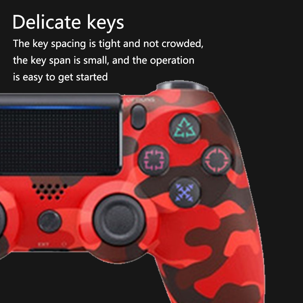Rotes und braunes Tarnmuster-Gamepad. Mit Tasten und Steuerkreuz. Text: Zarte Tasten, einfach zu starten.