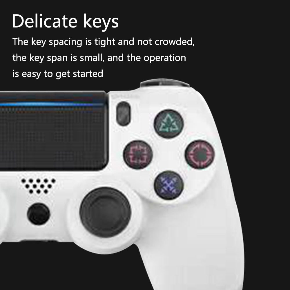 Ein weißer Gamecontroller mit bunten Knöpfen und schwarzem Hintergrund. Text: Feine Tasten, einfache Bedienung.