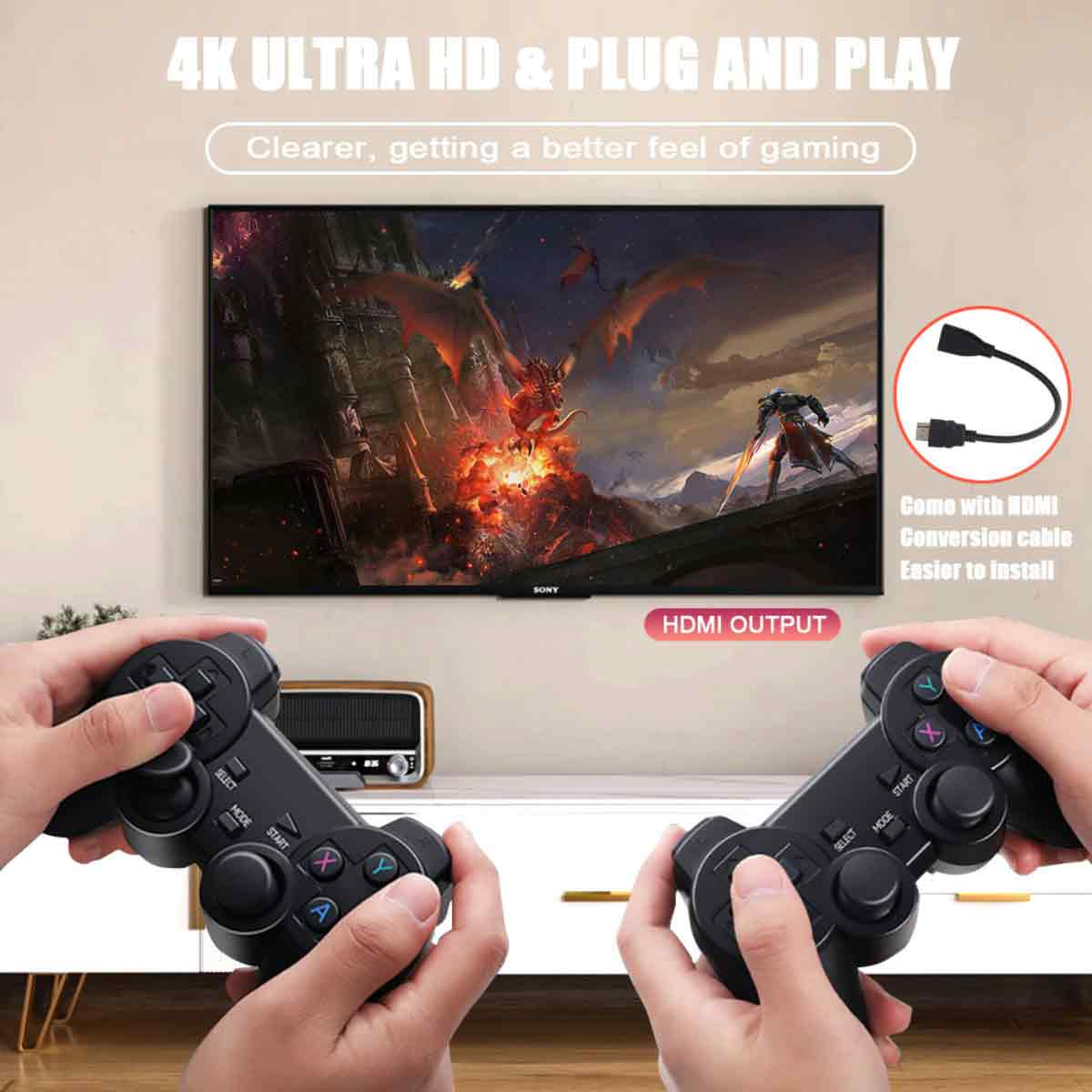 Hände halten Gamecontroller vor einem Fernseher. Der Fernseher zeigt eine Fantasieszene. Text zeigt 4K und HDMI-Ausgang an.