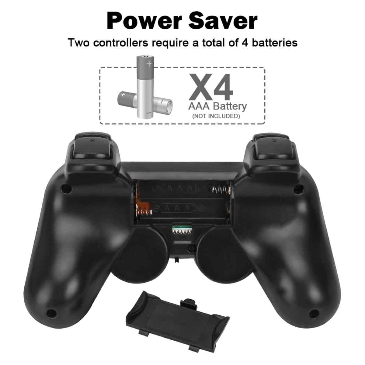 Schwarzer Gamecontroller mit geöffnetem Batteriefach, neben einem Batteriediagramm mit 4 AAA-Batterien.
