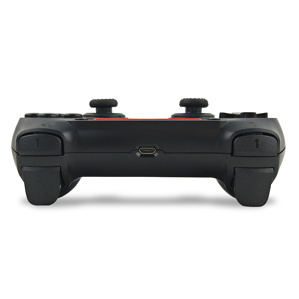 Ein schwarzes Gamepad mit zwei Joysticks und Knöpfen. Es hat einen orangefarbenen Streifen oben und liegt auf weißem Hintergrund.