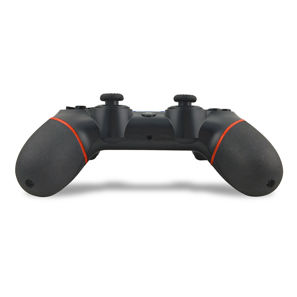 Ein schwarzer Gaming-Controller mit roten Akzenten. Er hat zwei Joysticks und einen zentralen Knopf. Die Griffe sind strukturiert.