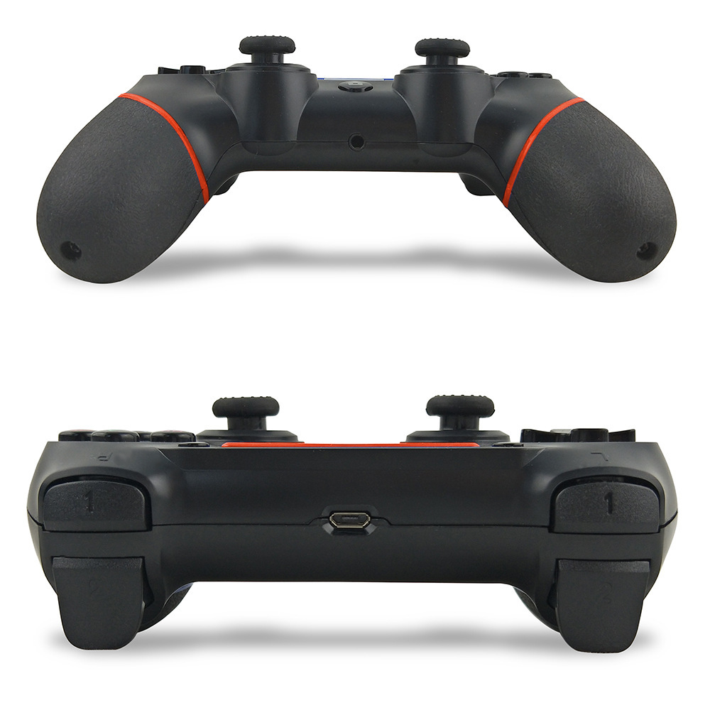 Schwarzer Gamecontroller mit roten Akzenten. Zwei Joysticks, Knöpfe und Griffe sichtbar. Isoliert auf weißem Hintergrund mit Schatten.
