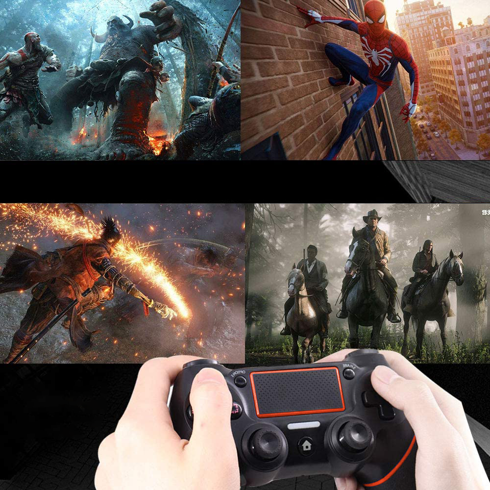 Zusammengesetztes Bild mit Videospielszenen: eine Kampfszene, Spider-Man an einer Wand, ein Krieger mit Energie, Cowboys auf Pferden und ein Controller.