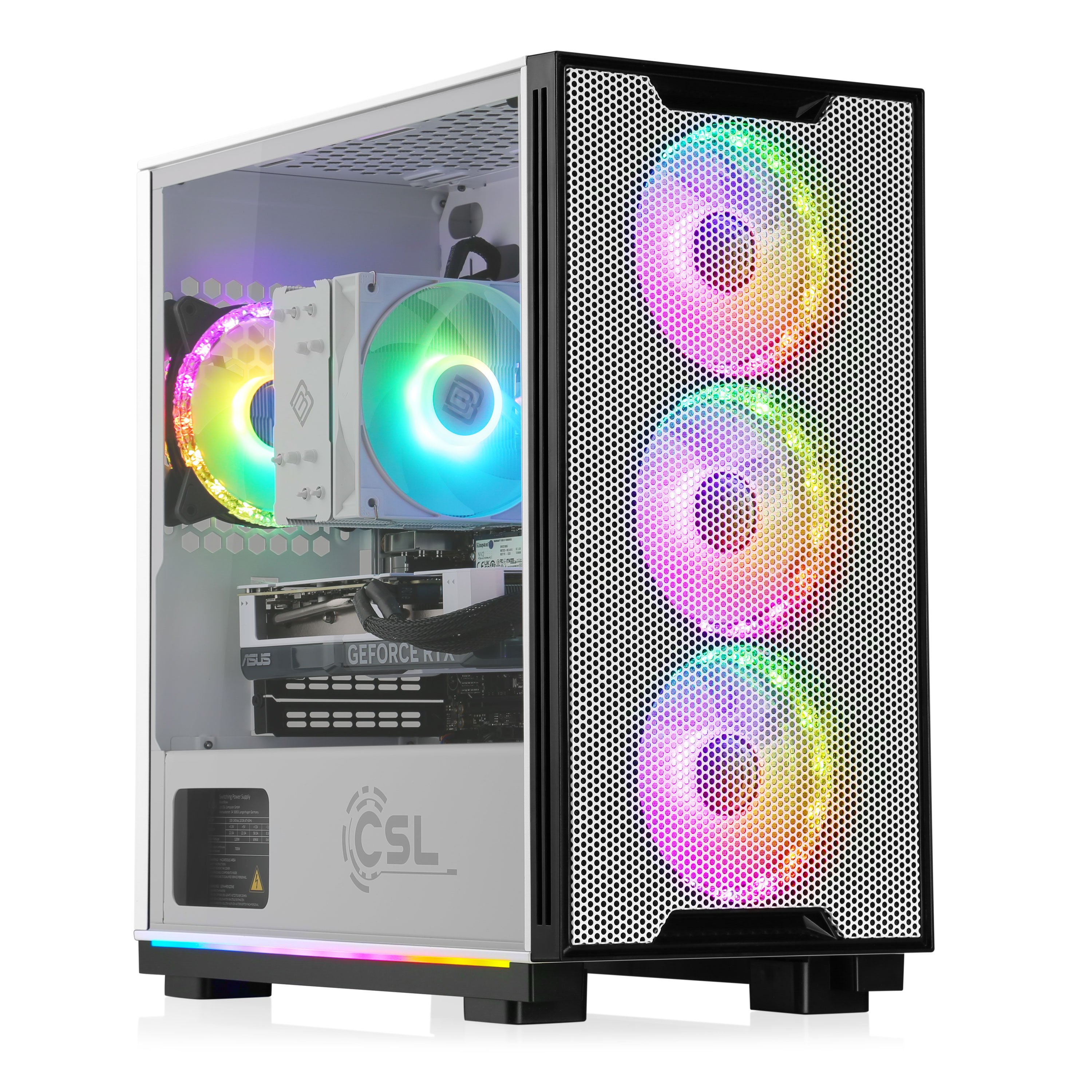 Ein weißes PC-Gehäuse mit RGB-Lüftern. Die Front hat ein schwarzes Mesh. Im Inneren befinden sich Komponenten wie GPU und CPU-Kühler.